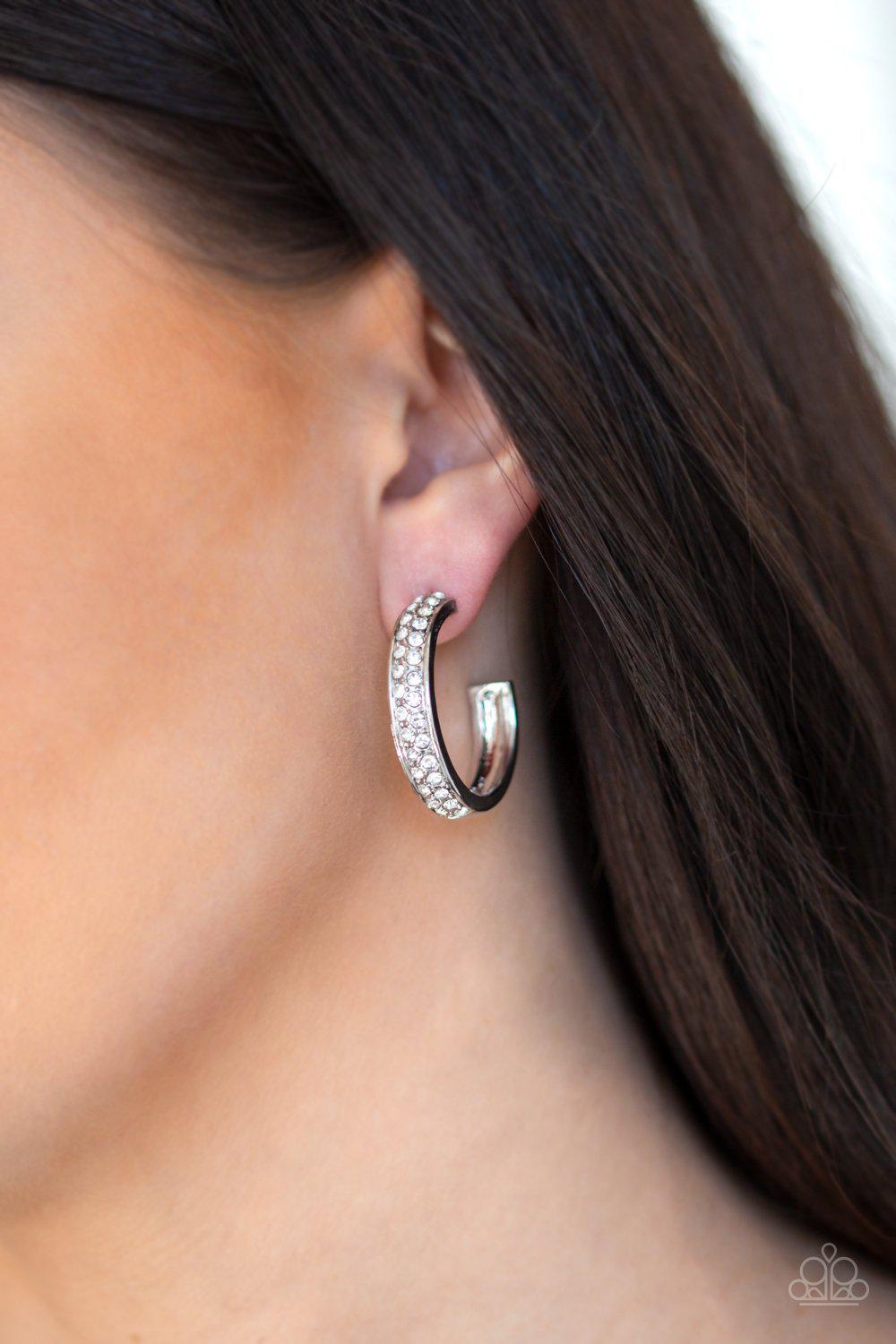 Cash Flow White Rhinestone Hoop Earrings - Paparazzi Accessories-CarasShop.com - $5 Jewelry by Cara Jewels
