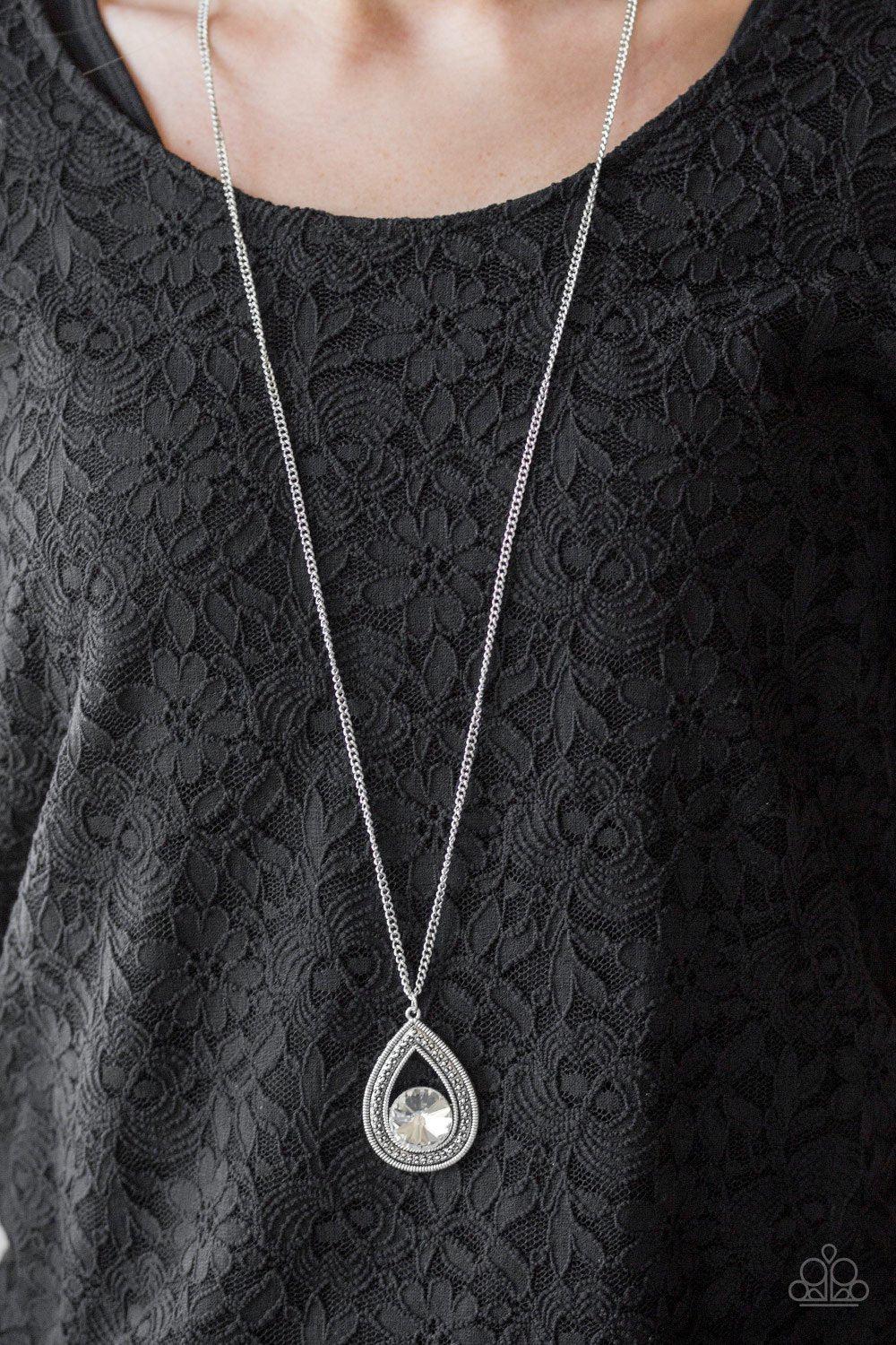Castle Cabaret White Teardrop Rhinestone Necklace - Paparazzi Accessories-CarasShop.com - $5 Jewelry by Cara Jewels