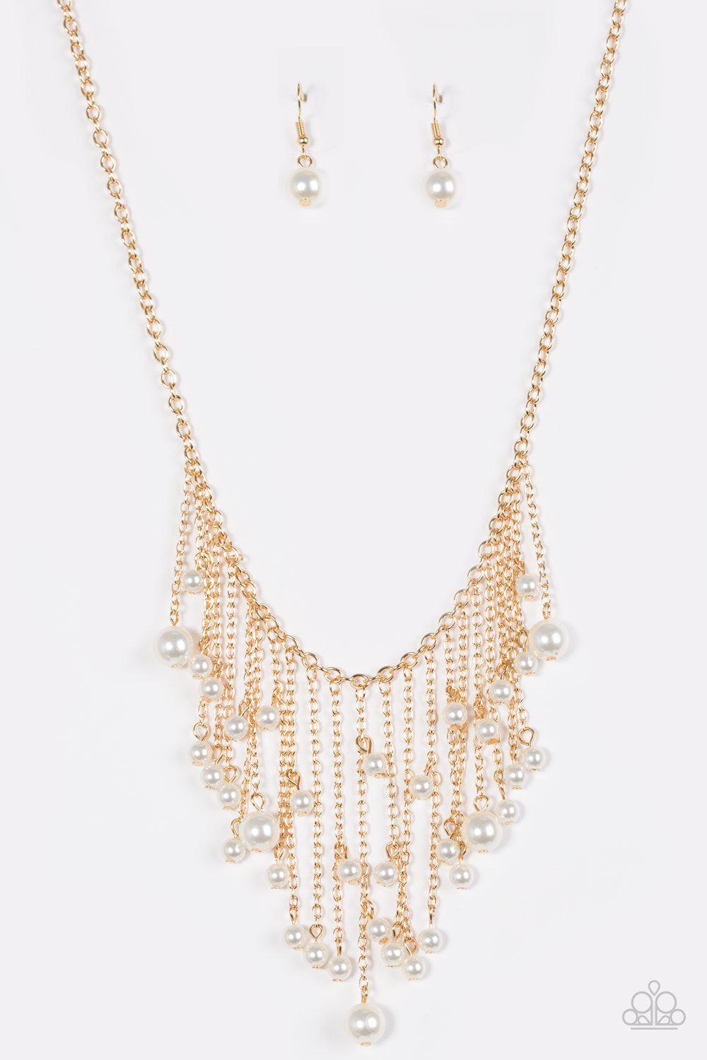Catwalk Champ Gold and White Pearl Fringe Necklace - Paparazzi Accessories-CarasShop.com - $5 Jewelry by Cara Jewels