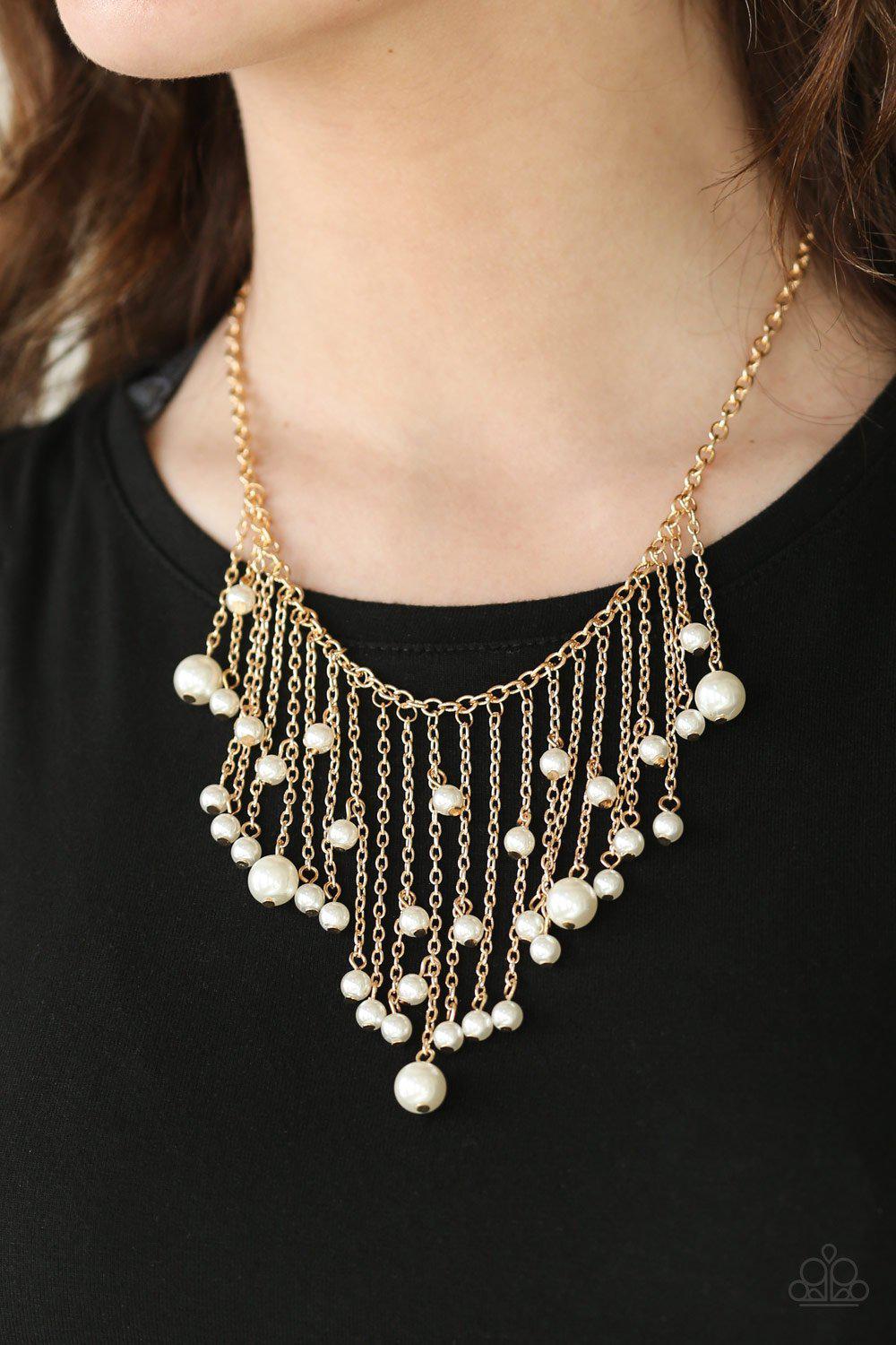Catwalk Champ Gold and White Pearl Fringe Necklace - Paparazzi Accessories-CarasShop.com - $5 Jewelry by Cara Jewels