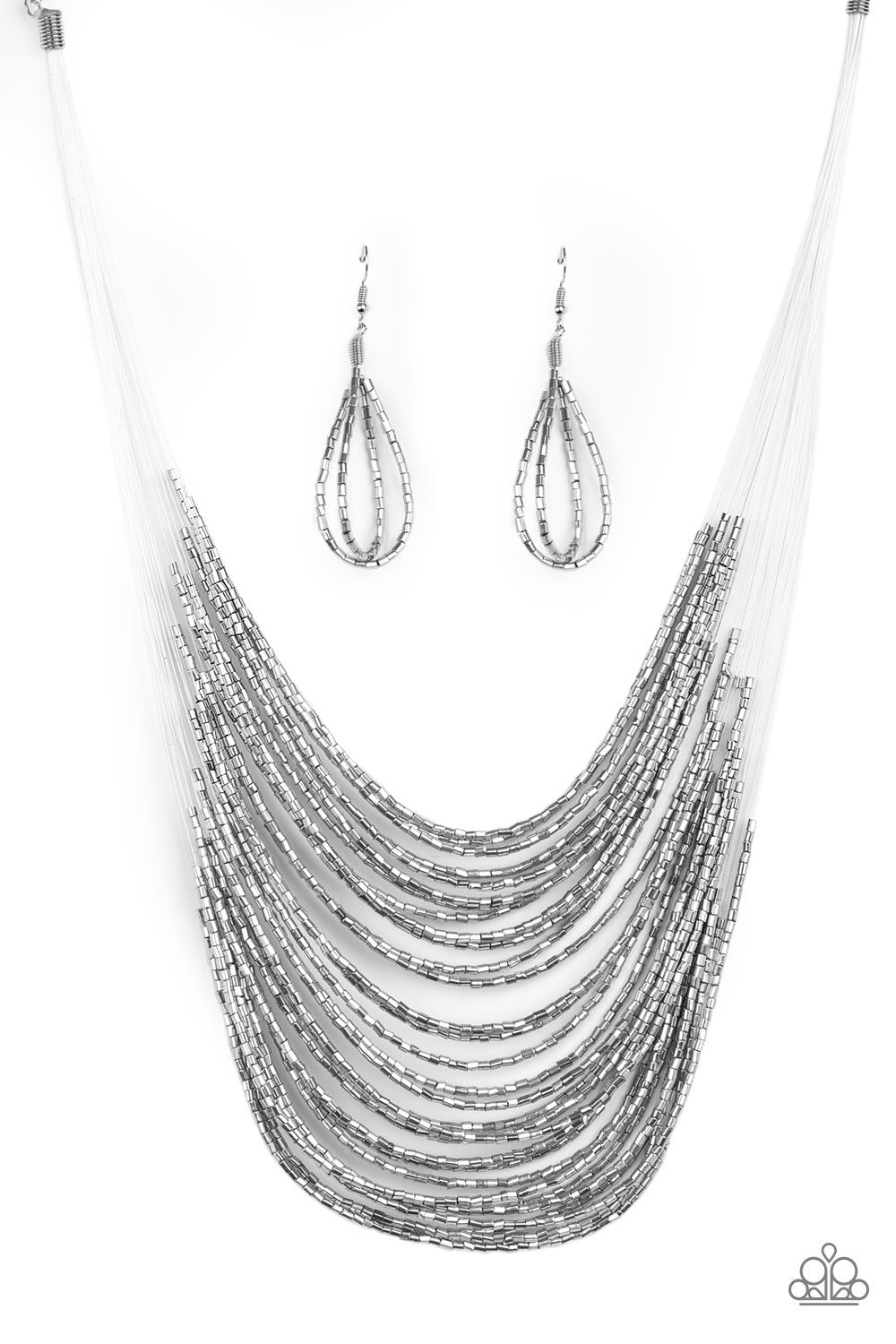 Catwalk Queen Metallic Silver Seed Bead Necklace and matching Earrings - Paparazzi Accessories-CarasShop.com - $5 Jewelry by Cara Jewels
