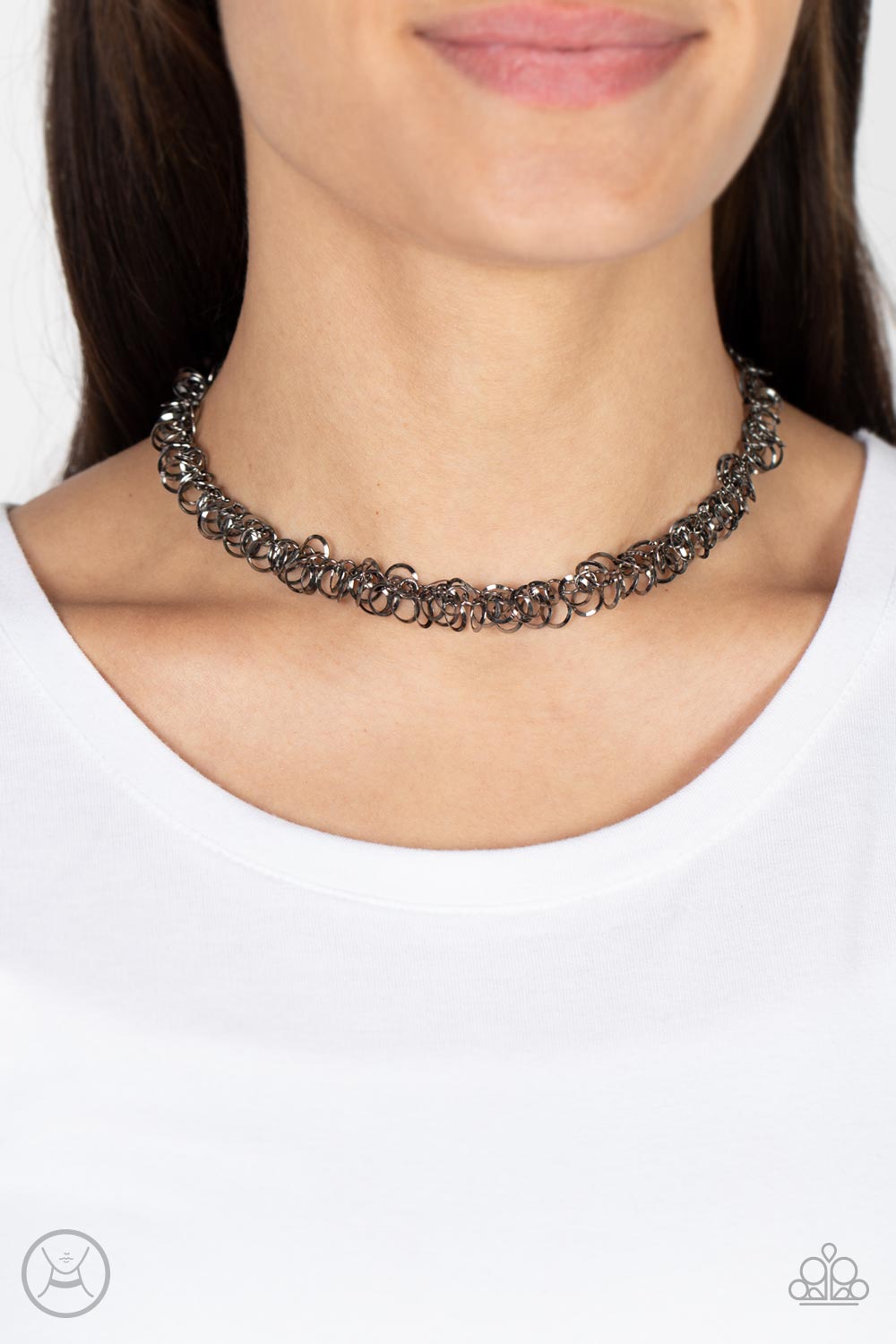 Cause a Commotion Gunmetal Black Choker Necklace - Paparazzi Accessories-on model - CarasShop.com - $5 Jewelry by Cara Jewels
