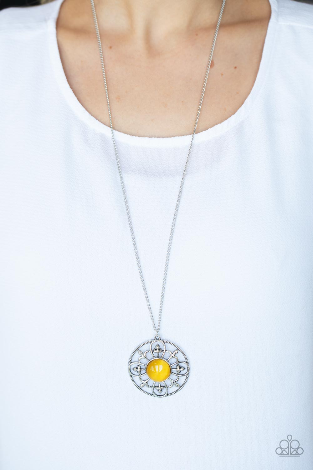 Celestial Compass Yellow Cat&#39;s Eye Stone Necklace - Paparazzi Accessories-on model - CarasShop.com - $5 Jewelry by Cara Jewels