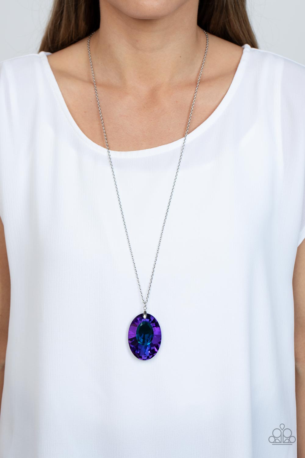 Celestial Essence Blue Iridescent Rhinestone Necklace - Paparazzi Accessories-on model - CarasShop.com - $5 Jewelry by Cara Jewels
