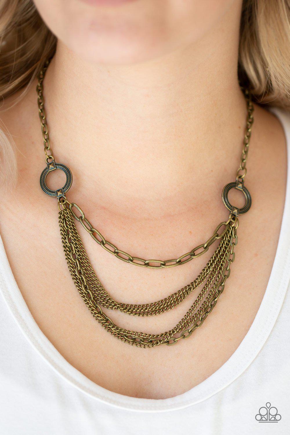 CHAINS Of Command Brass Necklace - Paparazzi Accessories - model -CarasShop.com - $5 Jewelry by Cara Jewels