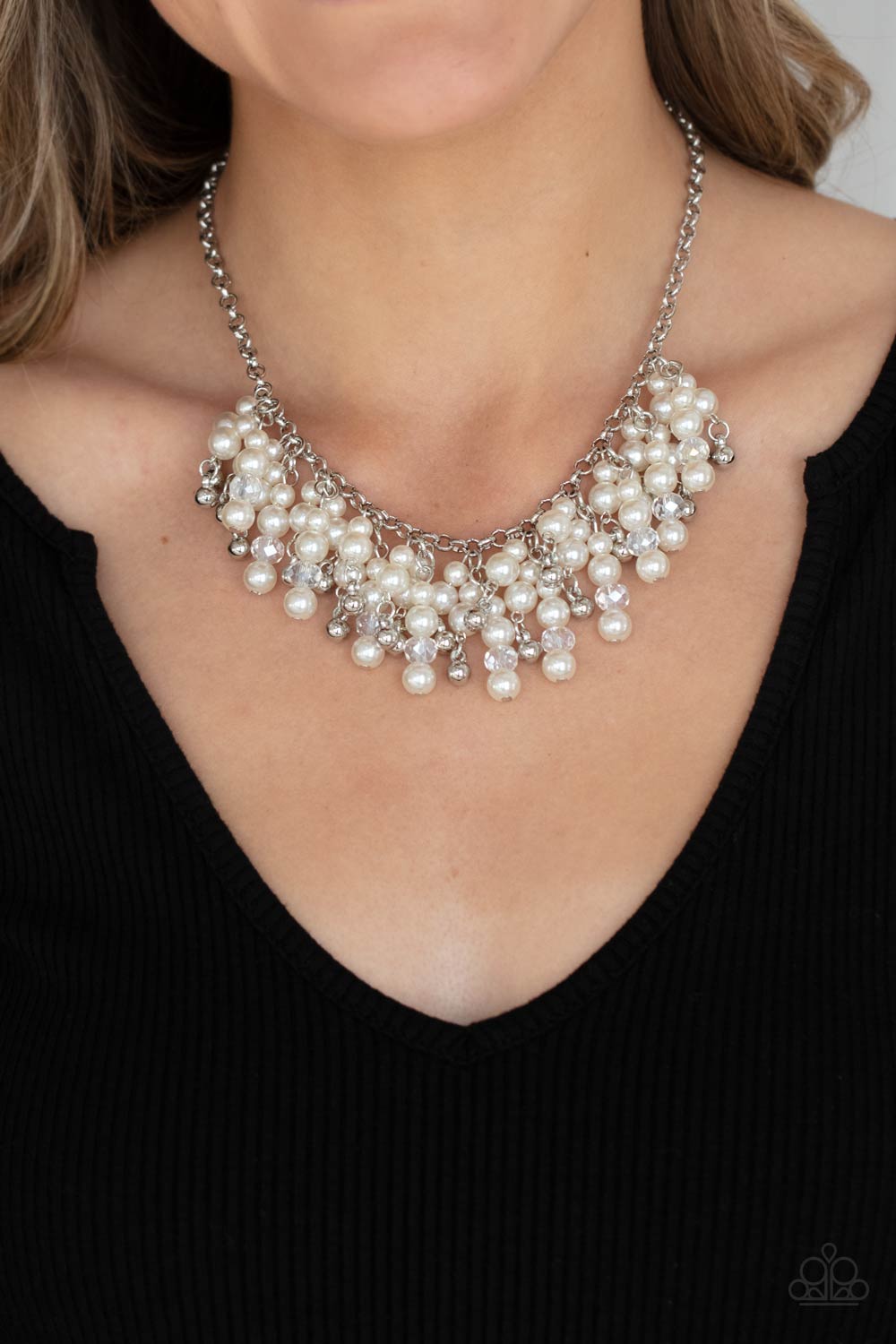 Champagne Dreams White Pearl Necklace - Paparazzi Accessories-on model - CarasShop.com - $5 Jewelry by Cara Jewels