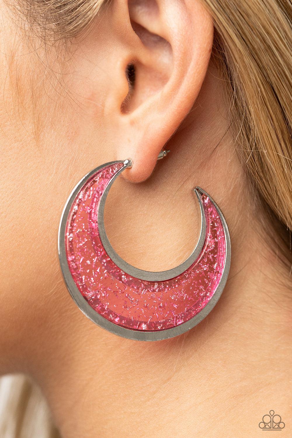 Charismatically Curvy Pink Acrylic Hoop Earrings - Paparazzi Accessories-on model - CarasShop.com - $5 Jewelry by Cara Jewels