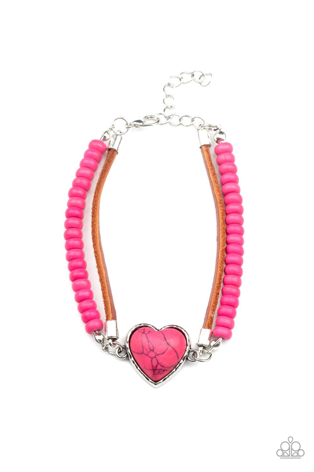 Charmingly Country Pink Stone Heart Bracelet - Paparazzi Accessories- lightbox - CarasShop.com - $5 Jewelry by Cara Jewels