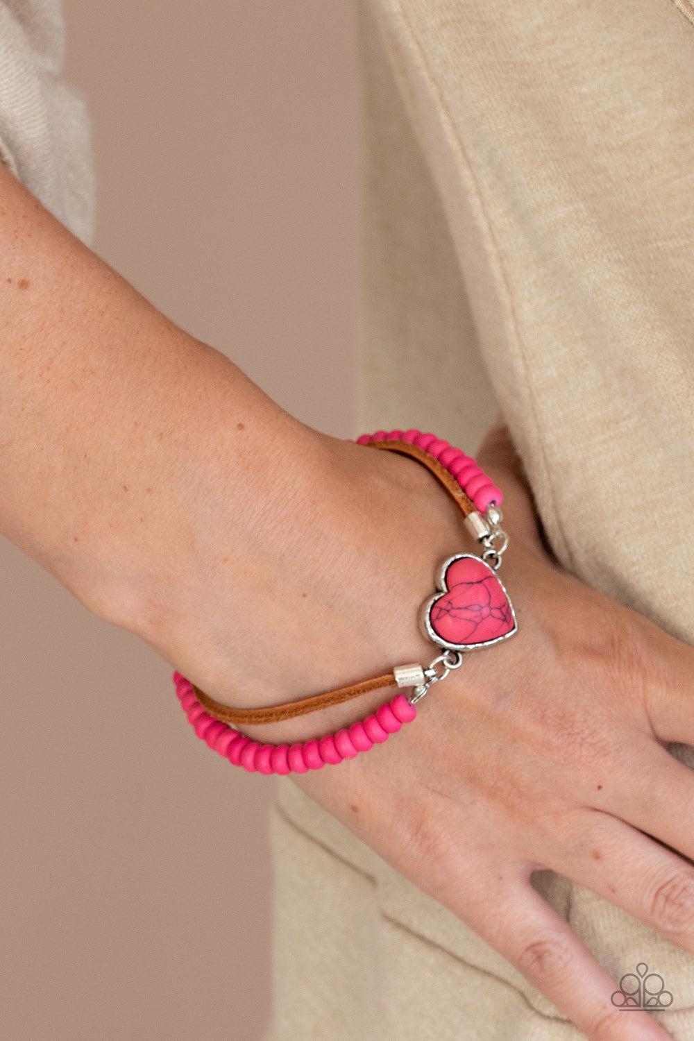 Charmingly Country Pink Stone Heart Bracelet - Paparazzi Accessories- on model - CarasShop.com - $5 Jewelry by Cara Jewels