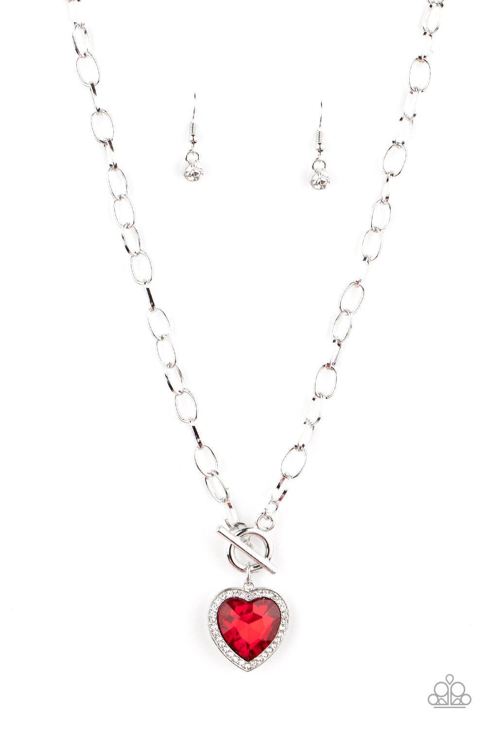 Check Your Heart Rate Red Rhinestone Heart Necklace - Paparazzi Accessories-CarasShop.com - $5 Jewelry by Cara Jewels