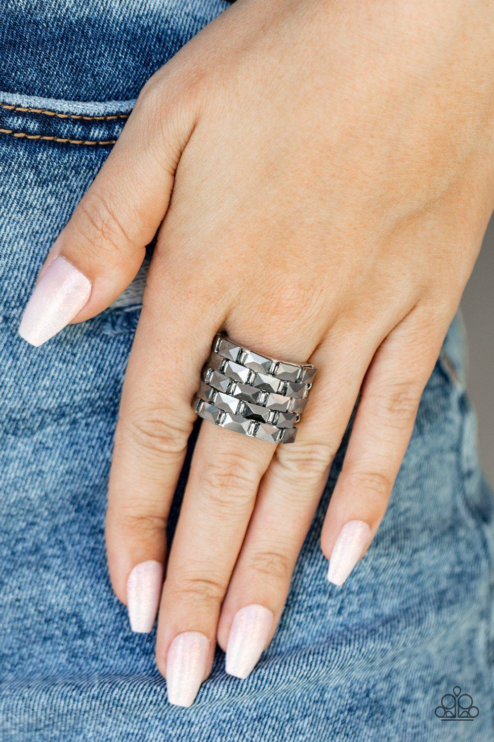 Checkered Couture Silver Hematite Ring - Paparazzi Accessories 2021 Convention Exclusive- model - CarasShop.com - $5 Jewelry by Cara Jewels