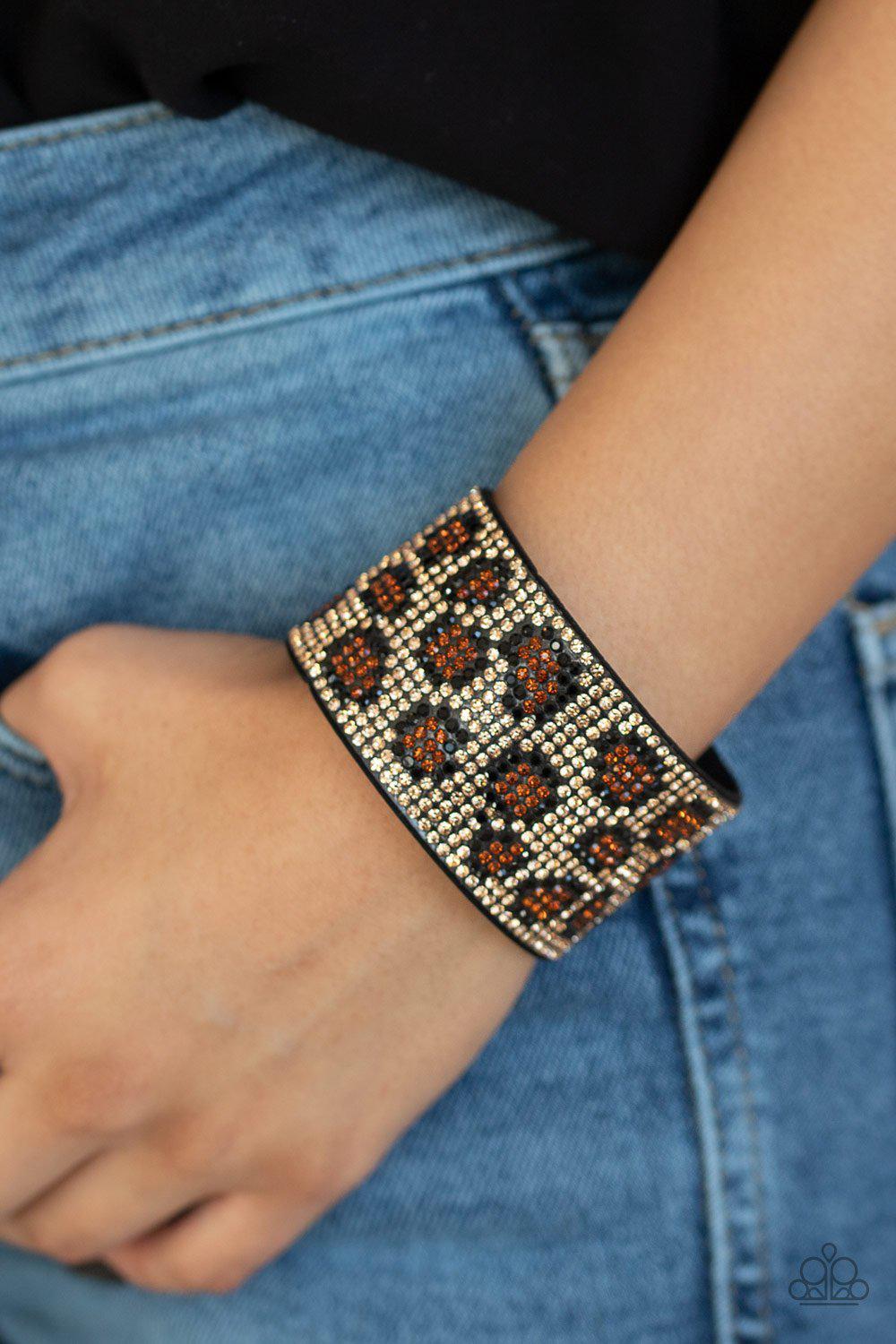 Cheetah Couture Brown Animal Print Rhinestone Wrap Snap Bracelet - Paparazzi Accessories-CarasShop.com - $5 Jewelry by Cara Jewels