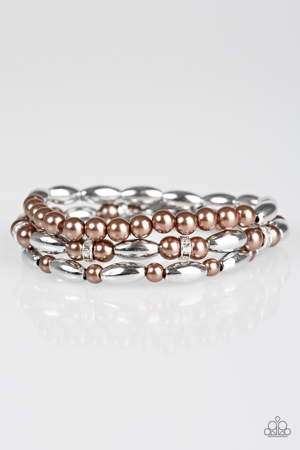 Chic Contender Silver and Brown Stretch Bracelet Set - Paparazzi Accessories-CarasShop.com - $5 Jewelry by Cara Jewels