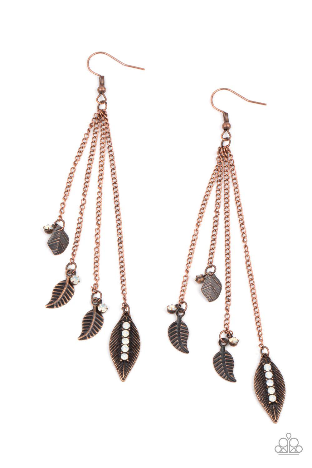 Chiming Leaflets Copper and White Gem Leaf Charm Earrings - Paparazzi Accessories- lightbox - CarasShop.com - $5 Jewelry by Cara Jewels