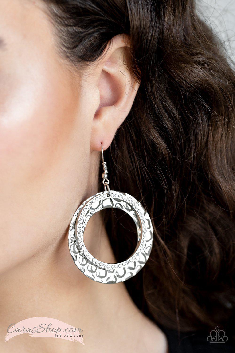 Cinematic Shimmer Silver and White Gem Earrings - Paparazzi Accessories-CarasShop.com - $5 Jewelry by Cara Jewels