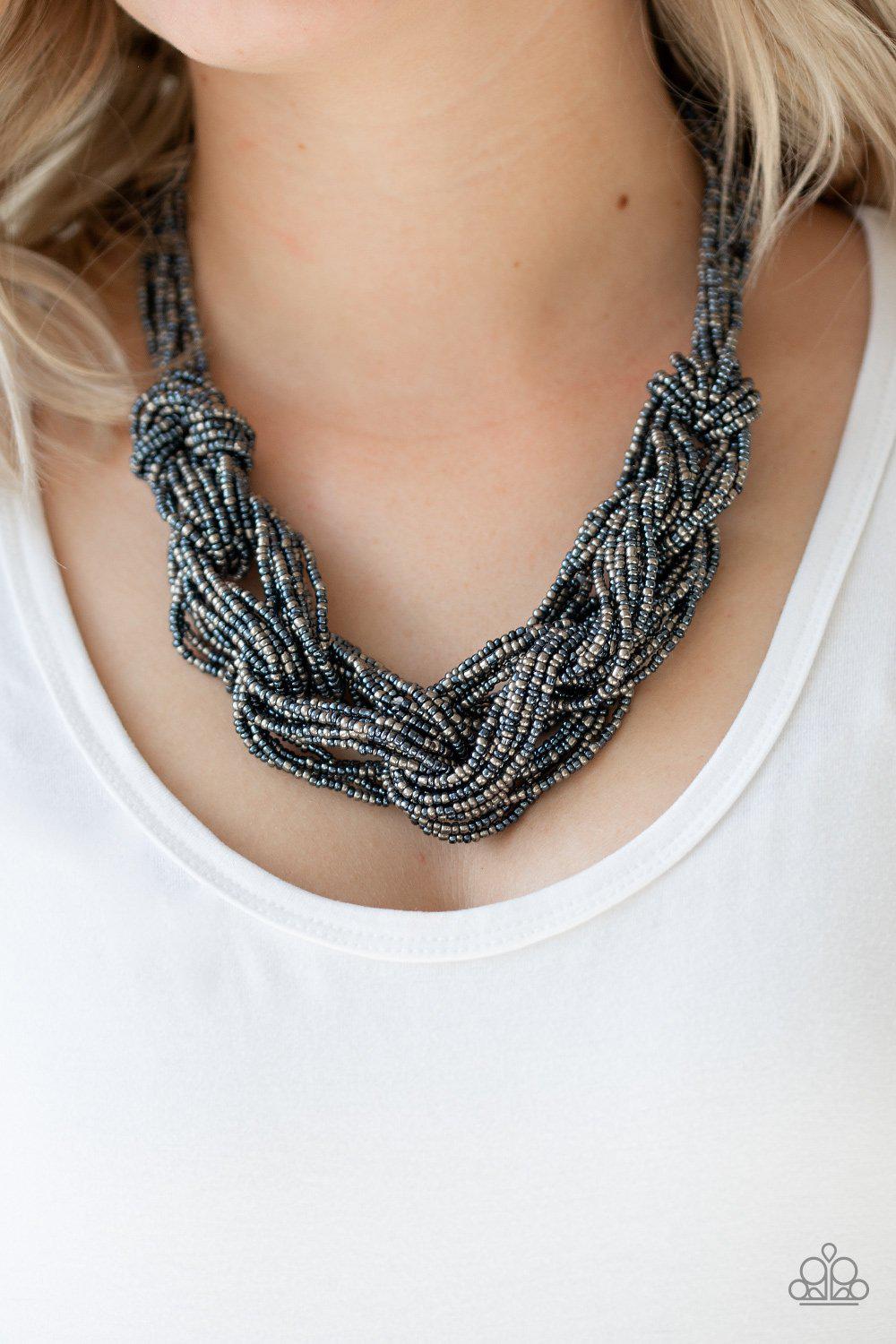 City Catwalk Blue and Gunmetal Seed bead Necklace - Paparazzi Accessories - model -CarasShop.com - $5 Jewelry by Cara Jewels