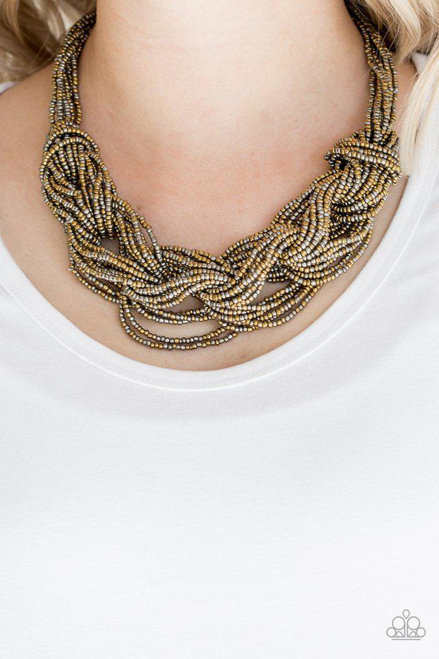 City Catwalk Brass Seed Bead Necklace - Paparazzi Accessories-on model - CarasShop.com - $5 Jewelry by Cara Jewels