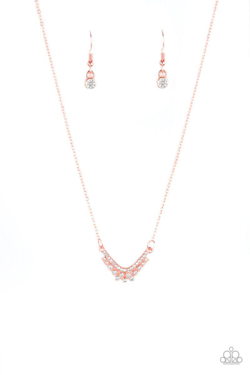 Classically Classic Copper and White Rhinestone Necklace - Paparazzi Accessories - lightbox -CarasShop.com - $5 Jewelry by Cara Jewels
