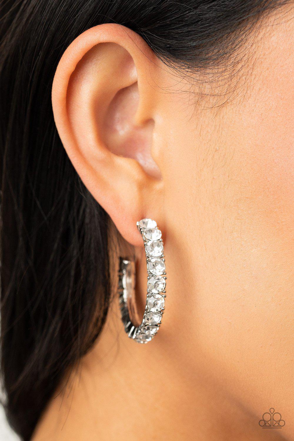 CLASSY is in Session White Rhinestone Hoop Earrings - Paparazzi Accessories - model -CarasShop.com - $5 Jewelry by Cara Jewels