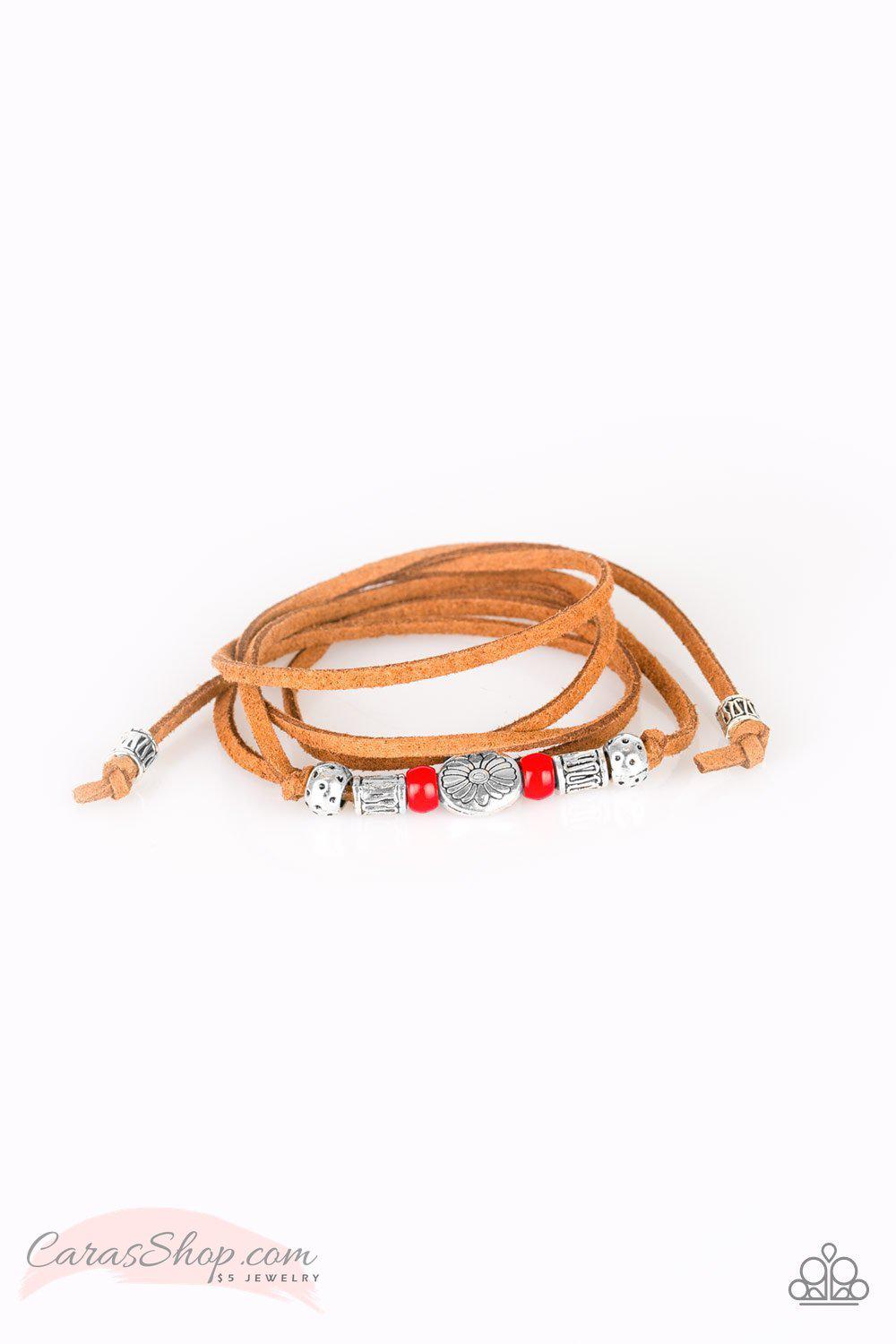 Clear A Path Suede and Red Bead Urban Tie Bracelet - Paparazzi Accessories-CarasShop.com - $5 Jewelry by Cara Jewels