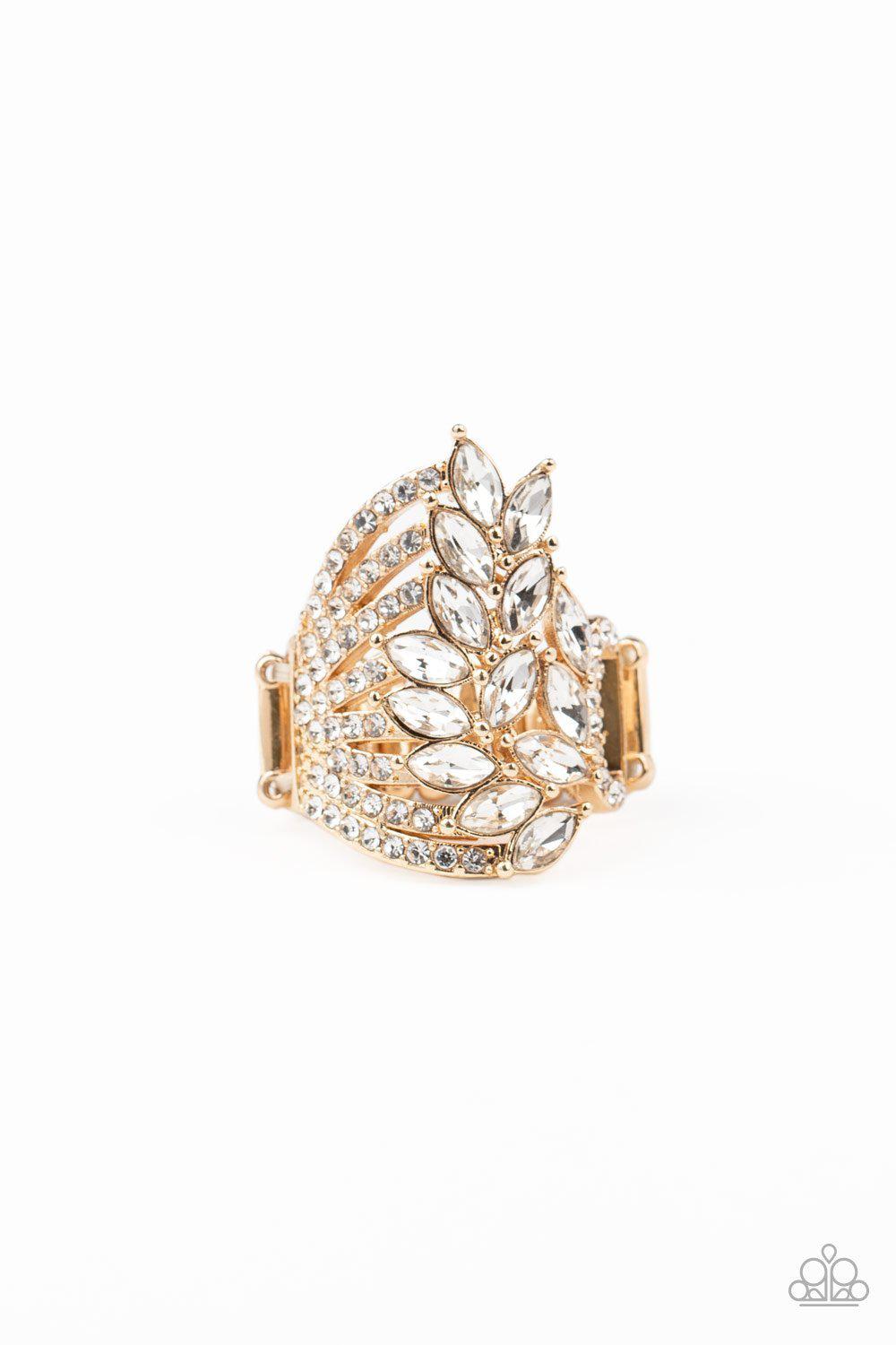 Clear Cut Cascade Gold and White Rhinestone Ring - Paparazzi Accessories Life of the Party Exclusive October 2020-CarasShop.com - $5 Jewelry by Cara Jewels