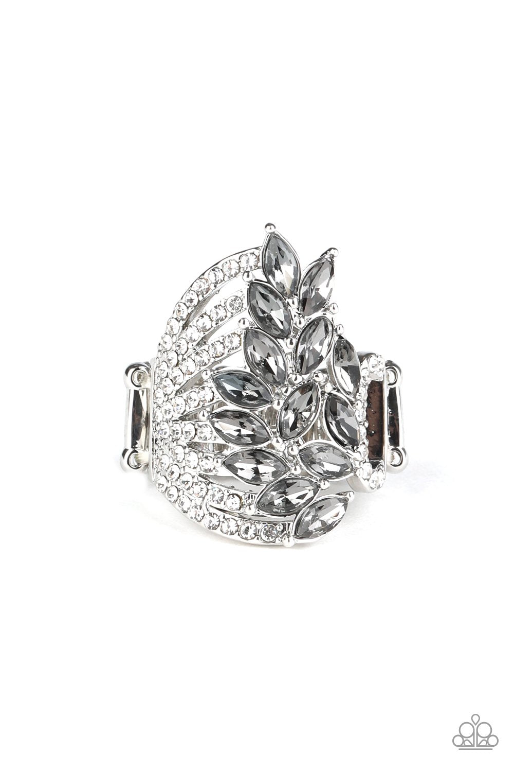 Clear Cut Cascade Silver and White Rhinestone Ring - Paparazzi Accessories - lightbox -CarasShop.com - $5 Jewelry by Cara Jewels