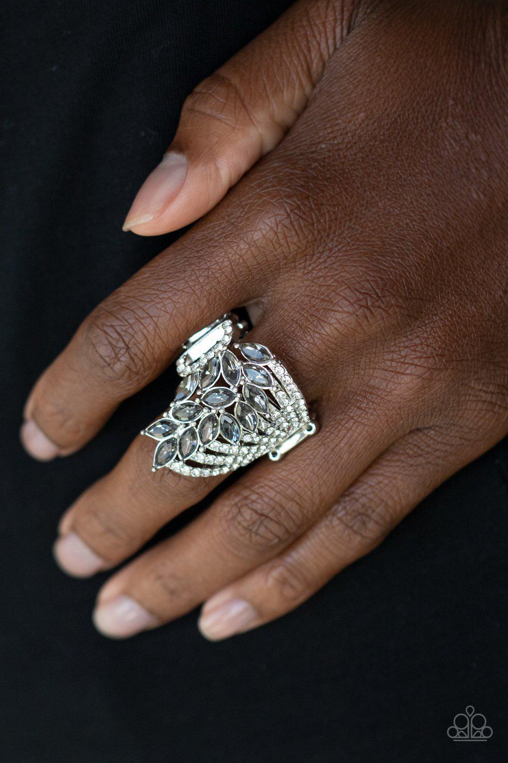Clear Cut Cascade Silver and White Rhinestone Ring - Paparazzi Accessories - model -CarasShop.com - $5 Jewelry by Cara Jewels