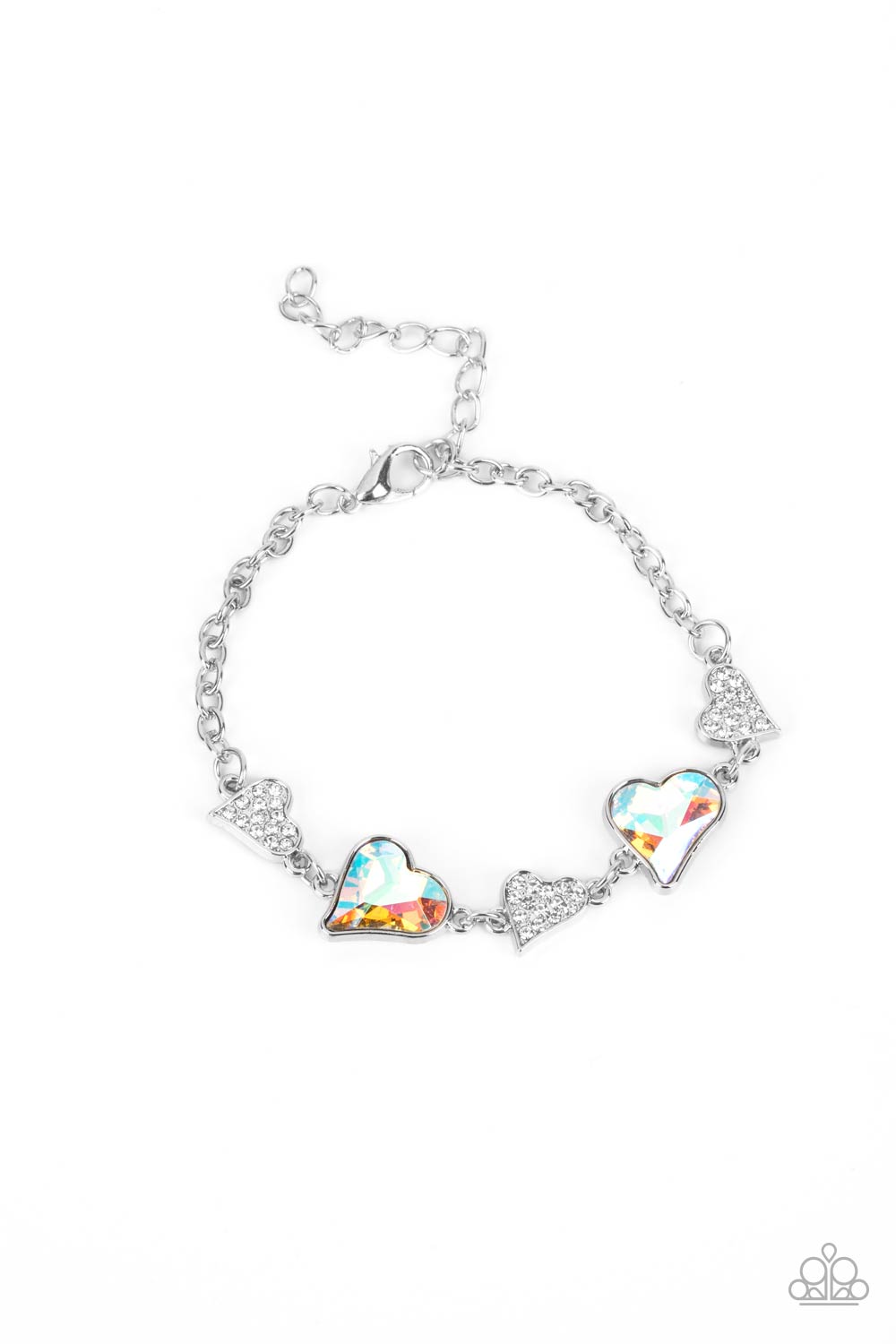Cluelessly Crushing Multi Iridescent Rhinestone Heart Bracelet - Paparazzi Accessories- lightbox - CarasShop.com - $5 Jewelry by Cara Jewels