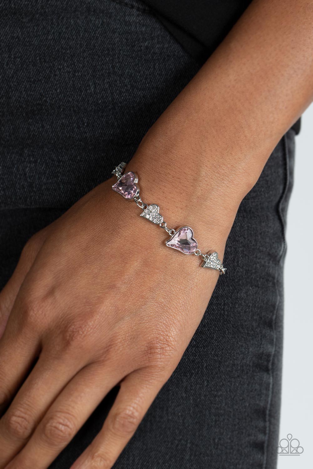 Cluelessly Crushing Pink Rhinestone Heart Bracelet - Paparazzi Accessories- lightbox - CarasShop.com - $5 Jewelry by Cara Jewels