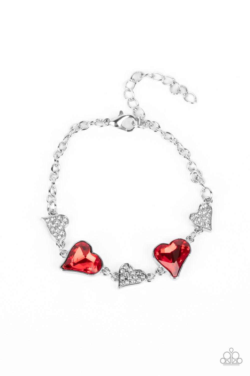 Cluelessly Crushing Red Rhinestone Heart Bracelet - Paparazzi Accessories- lightbox - CarasShop.com - $5 Jewelry by Cara Jewels