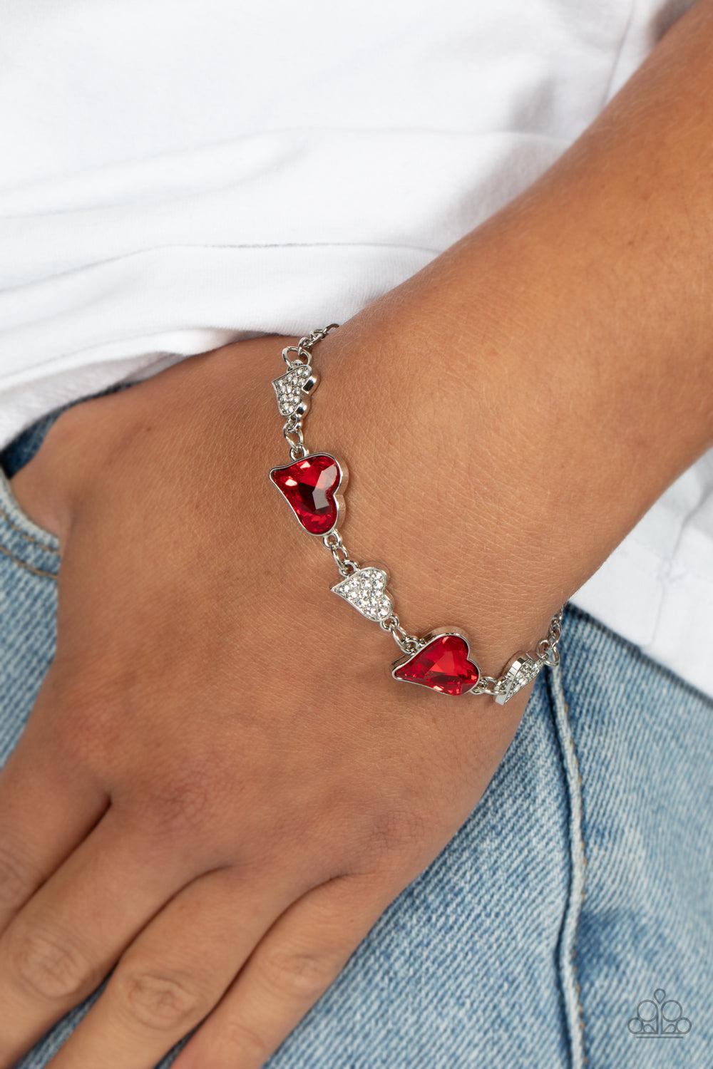 Cluelessly Crushing Red Rhinestone Heart Bracelet - Paparazzi Accessories-on model - CarasShop.com - $5 Jewelry by Cara Jewels