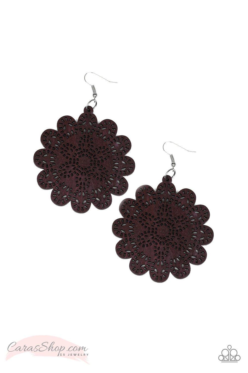 Coachella Cabaret Brown Wood Flower Earrings - Paparazzi Accessories-CarasShop.com - $5 Jewelry by Cara Jewels