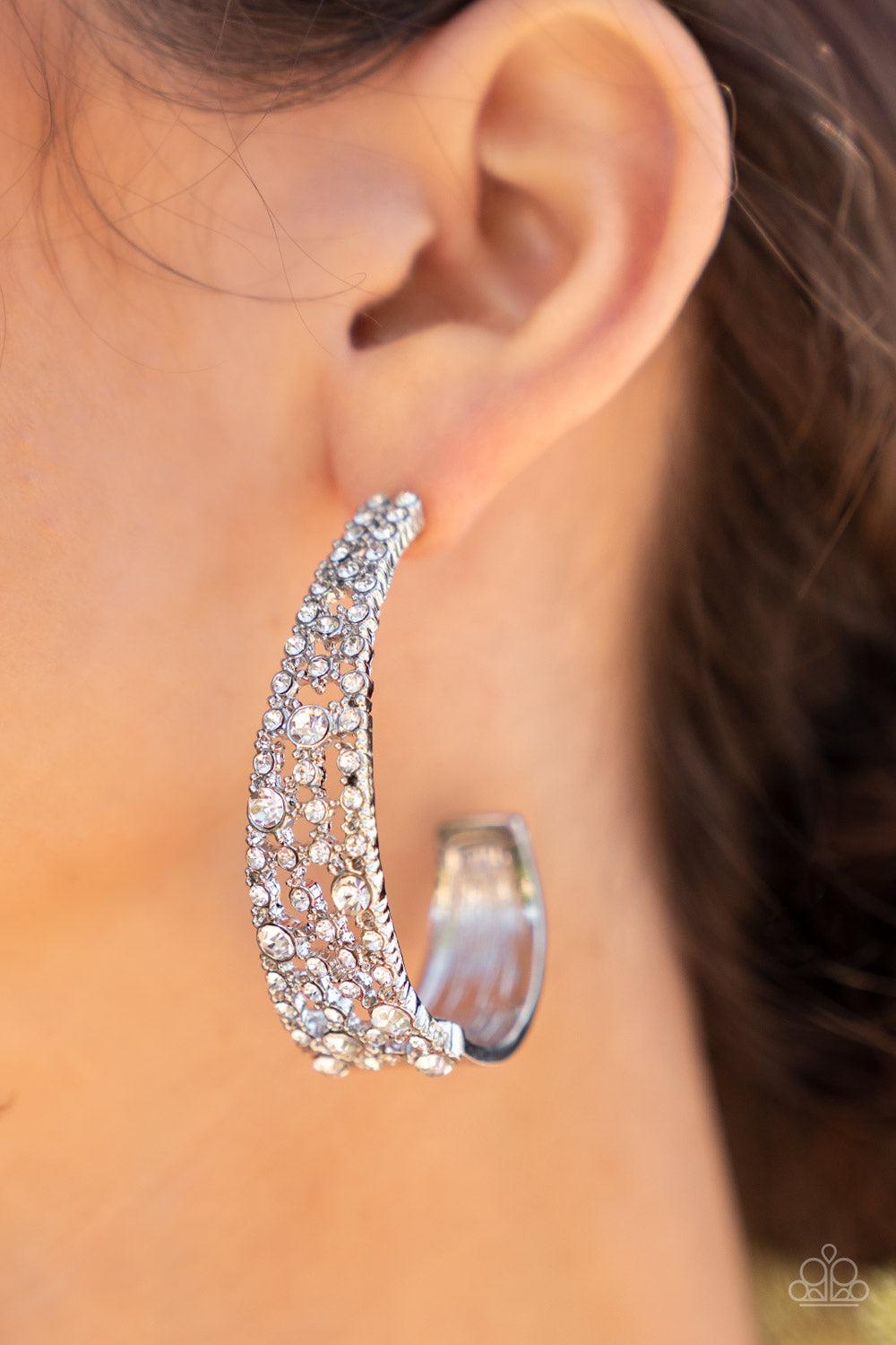 Cold As Ice White Rhinestone Hoop Earrings - Paparazzi Accessories-on model - CarasShop.com - $5 Jewelry by Cara Jewels