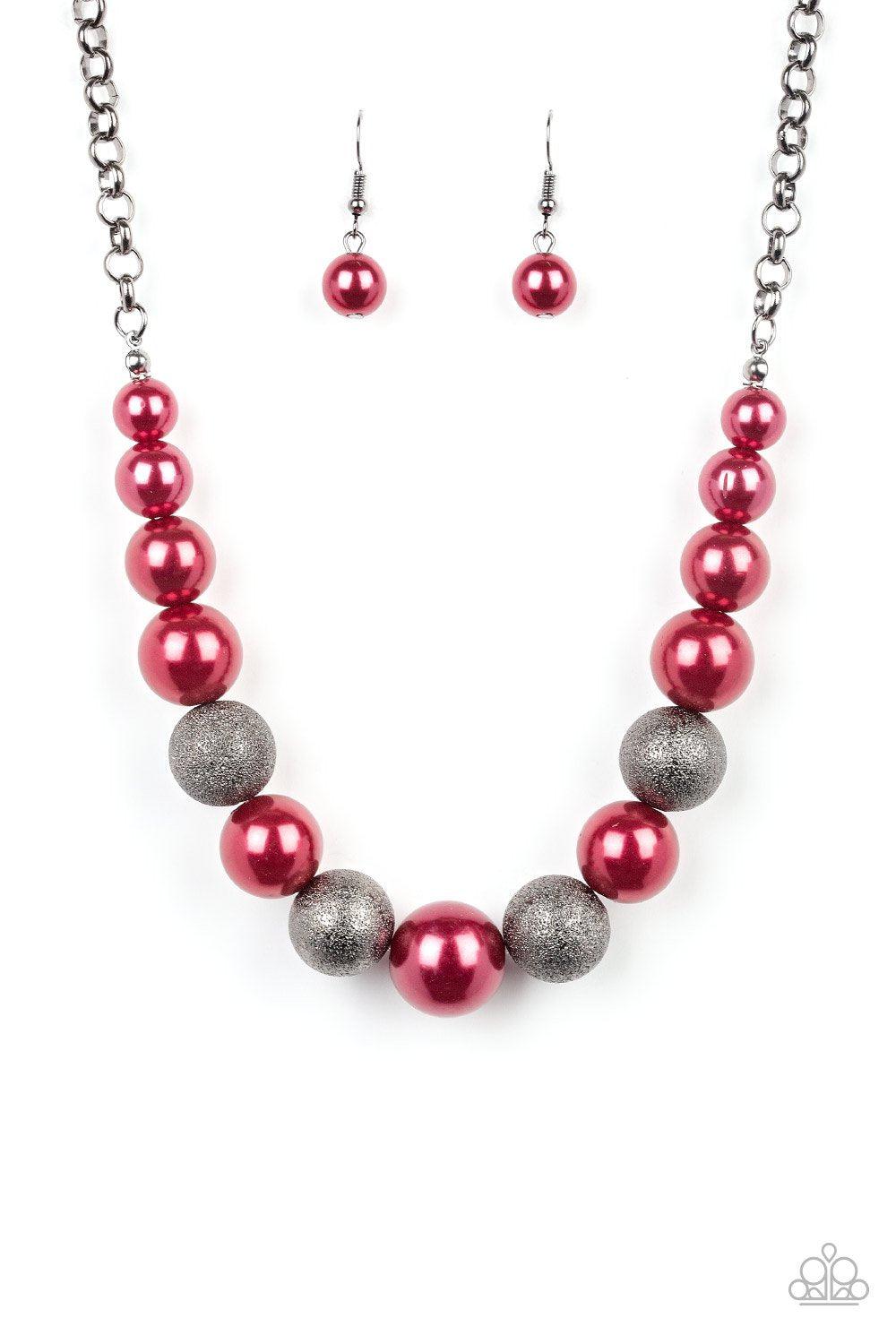 Color Me CEO Red and Gunmetal Pearl Necklace - Paparazzi Accessories-CarasShop.com - $5 Jewelry by Cara Jewels