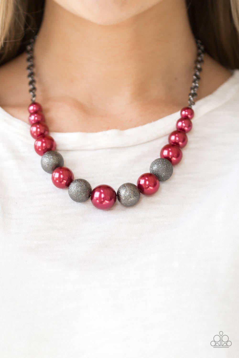 Color Me CEO Red and Gunmetal Pearl Necklace - Paparazzi Accessories-CarasShop.com - $5 Jewelry by Cara Jewels