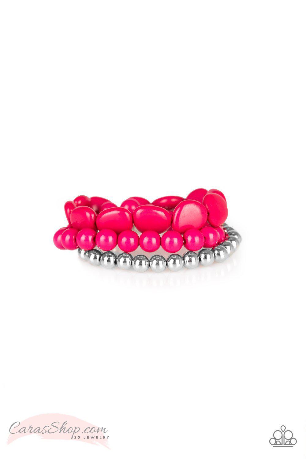 Color Venture Hot Pink and Silver Stretch Bracelet Set - Paparazzi Accessories-CarasShop.com - $5 Jewelry by Cara Jewels
