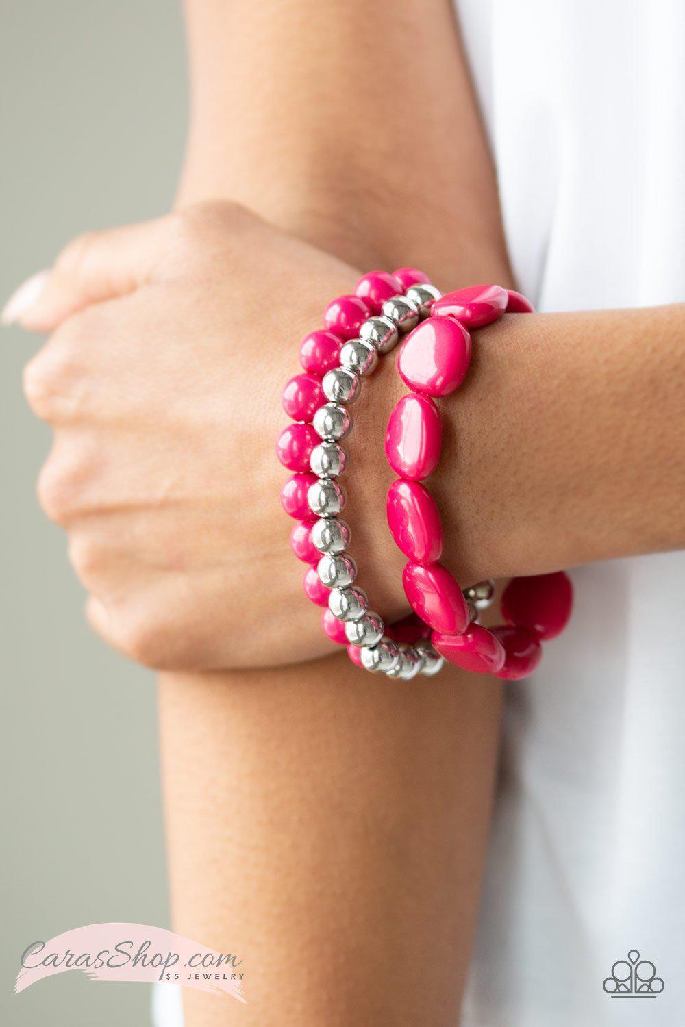 Color Venture Hot Pink and Silver Stretch Bracelet Set - Paparazzi  Accessories