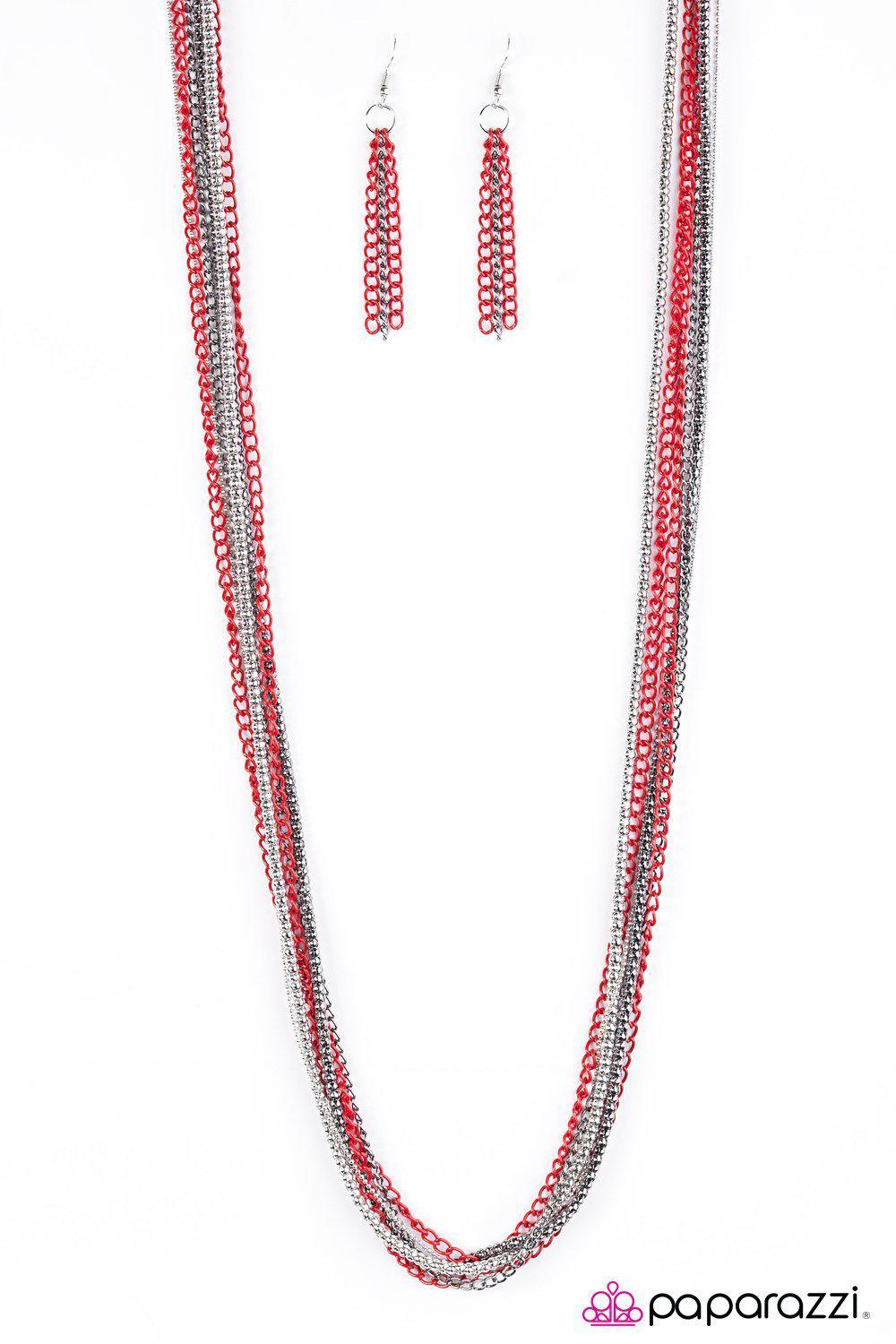 Colorful Calamity Red, Gunmetal and Silver Necklace - Paparazzi Accessories-CarasShop.com - $5 Jewelry by Cara Jewels