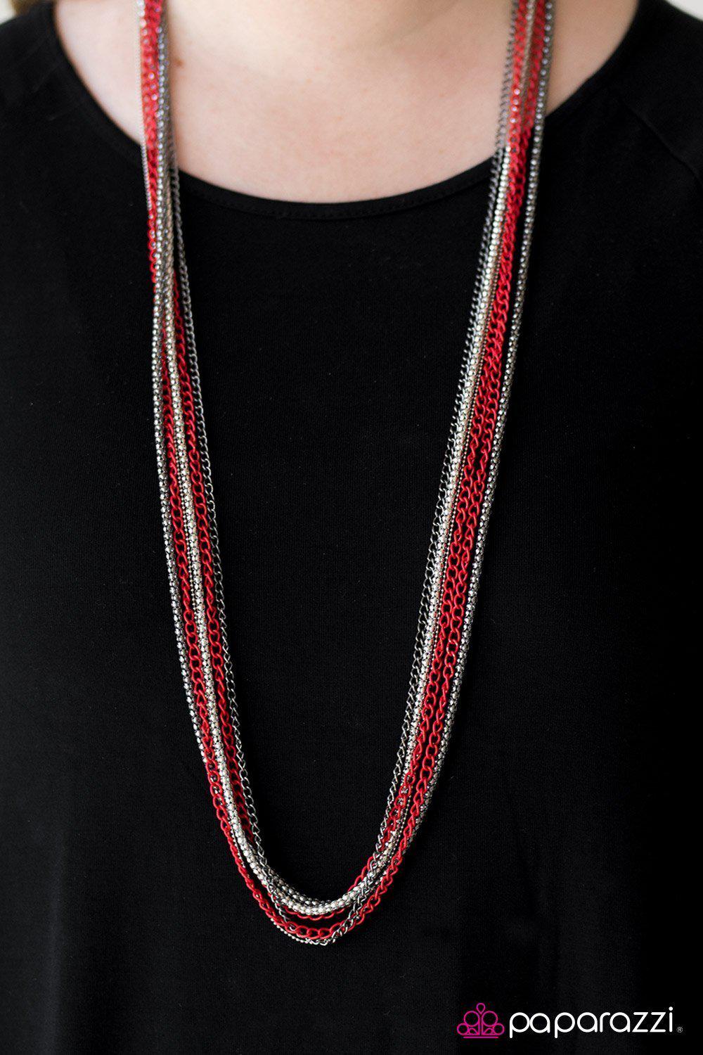 Colorful Calamity Red, Gunmetal and Silver Necklace - Paparazzi Accessories-CarasShop.com - $5 Jewelry by Cara Jewels
