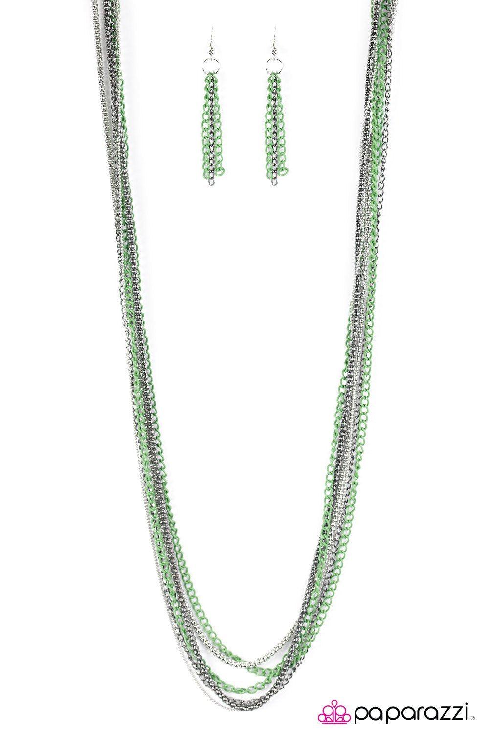 Colorful Calamity Silver, Gunmetal and Green Chain Necklace - Paparazzi Accessories-CarasShop.com - $5 Jewelry by Cara Jewels