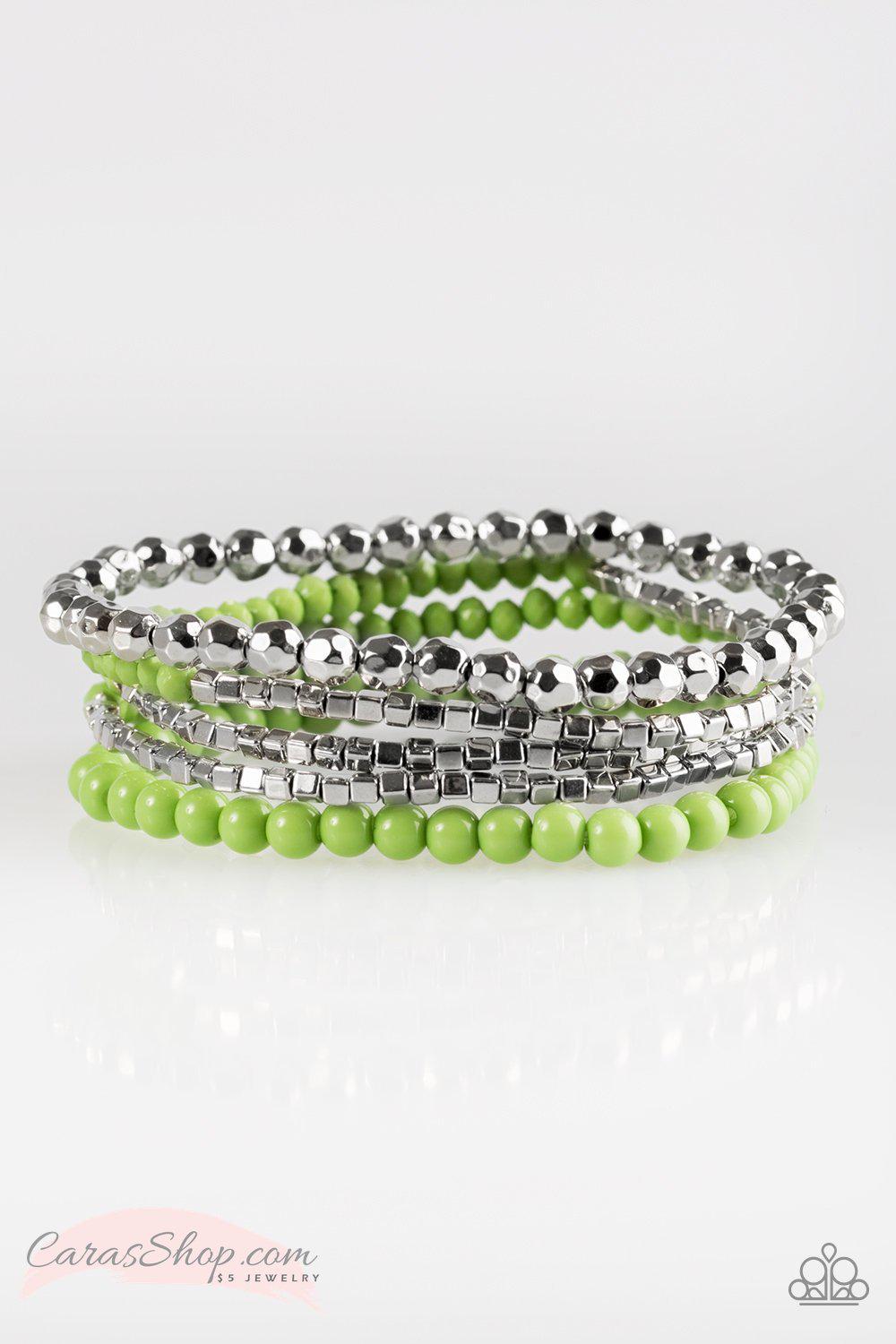 Colorfully Chromatic Green and Silver Stretch Bracelet Set - Paparazzi Accessories-CarasShop.com - $5 Jewelry by Cara Jewels
