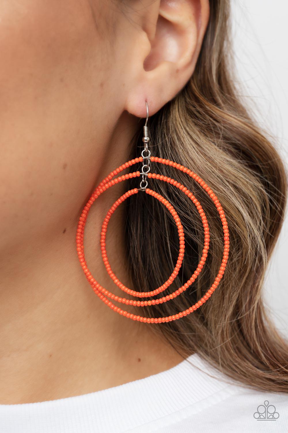 Colorfully Circulating Orange Seed Bead Earrings - Paparazzi Accessories-on model - CarasShop.com - $5 Jewelry by Cara Jewels