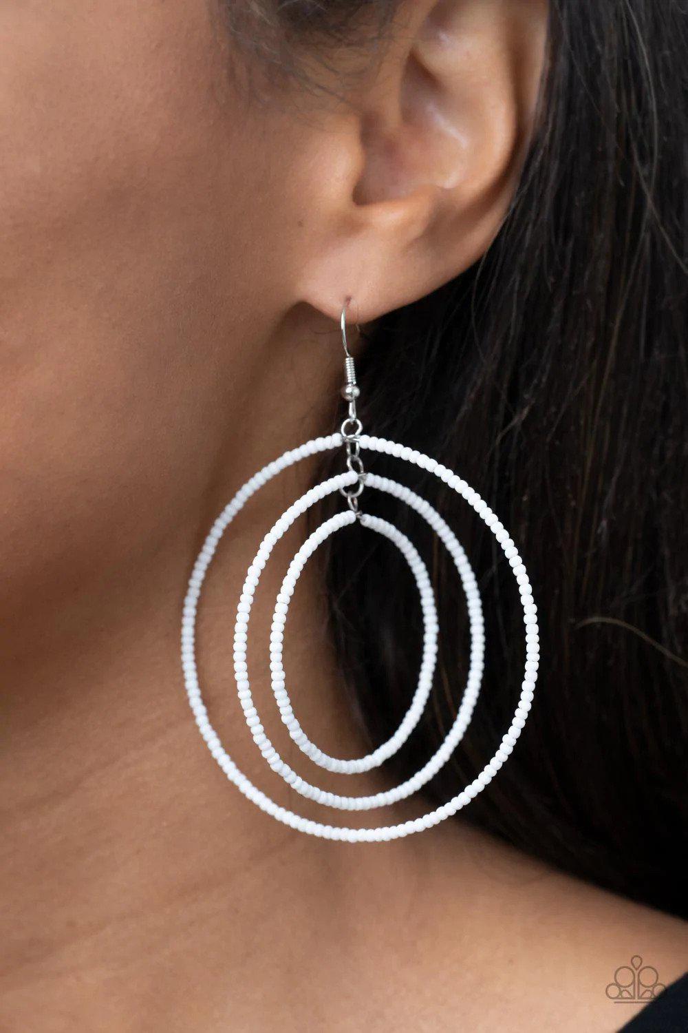 Colorfully Circulating White Earrings - Paparazzi Accessories- on model - CarasShop.com - $5 Jewelry by Cara Jewels