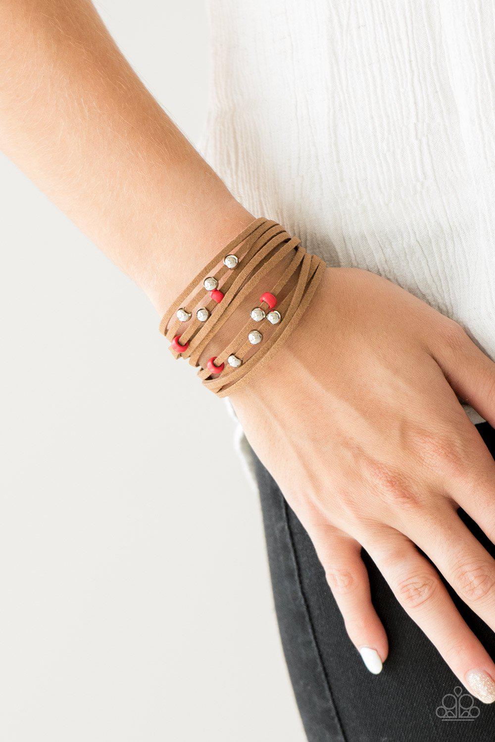 Colorfully Coachella Red and Brown Suede Urban Bracelet - Paparazzi Accessories-CarasShop.com - $5 Jewelry by Cara Jewels