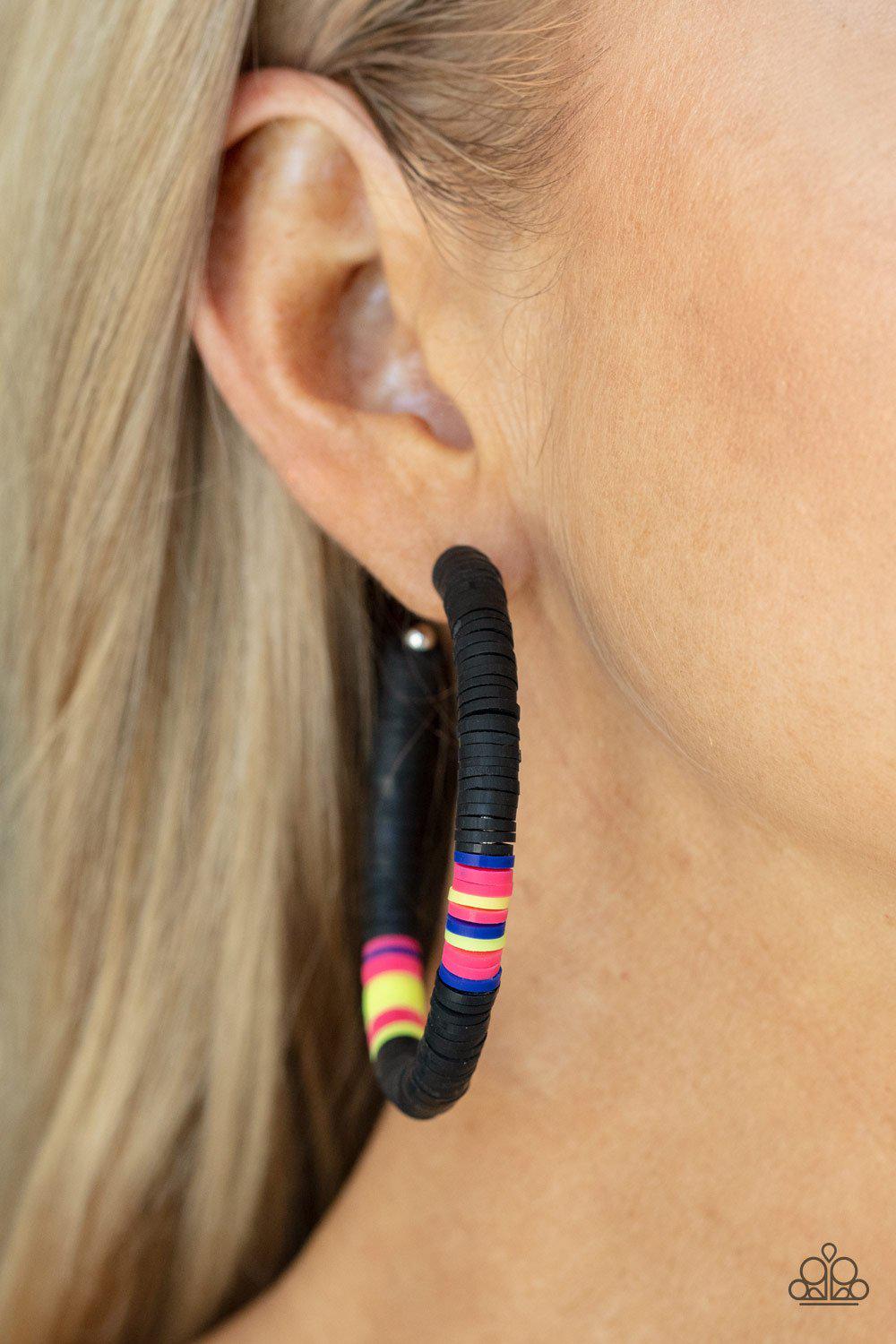 Colorfully Contagious Black and Multi Hoop Earrings - Paparazzi Accessories 2021 Convention Exclusive- model - CarasShop.com - $5 Jewelry by Cara Jewels