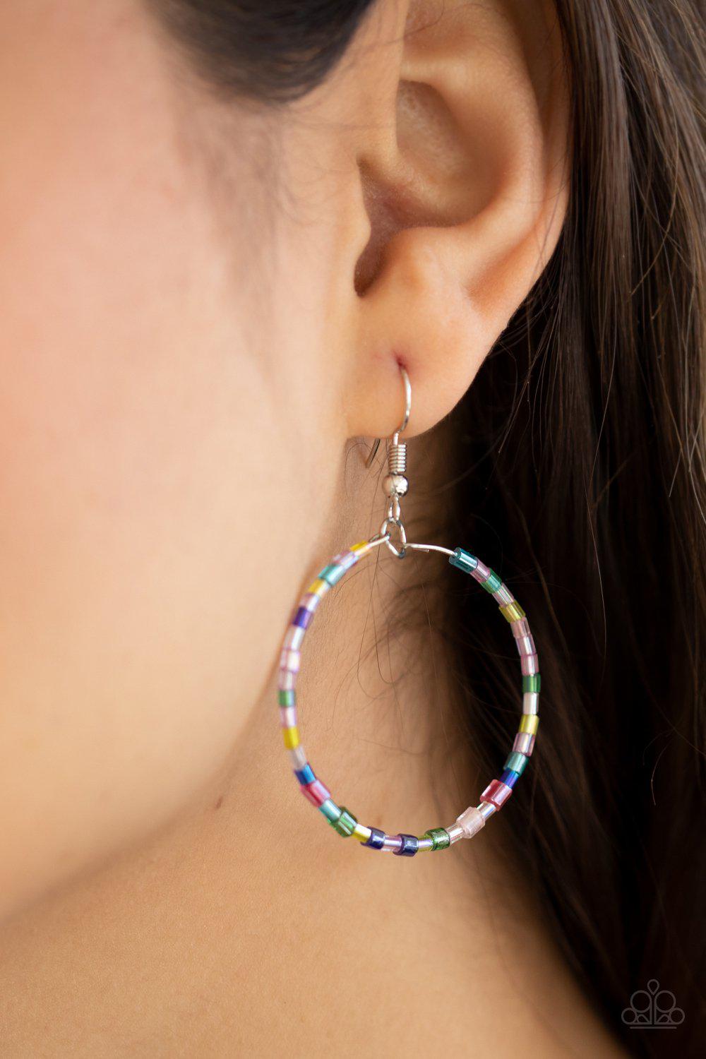 Colorfully Curvy Multi-color Iridescent Seed Bead Earrings - Paparazzi Accessories - model -CarasShop.com - $5 Jewelry by Cara Jewels