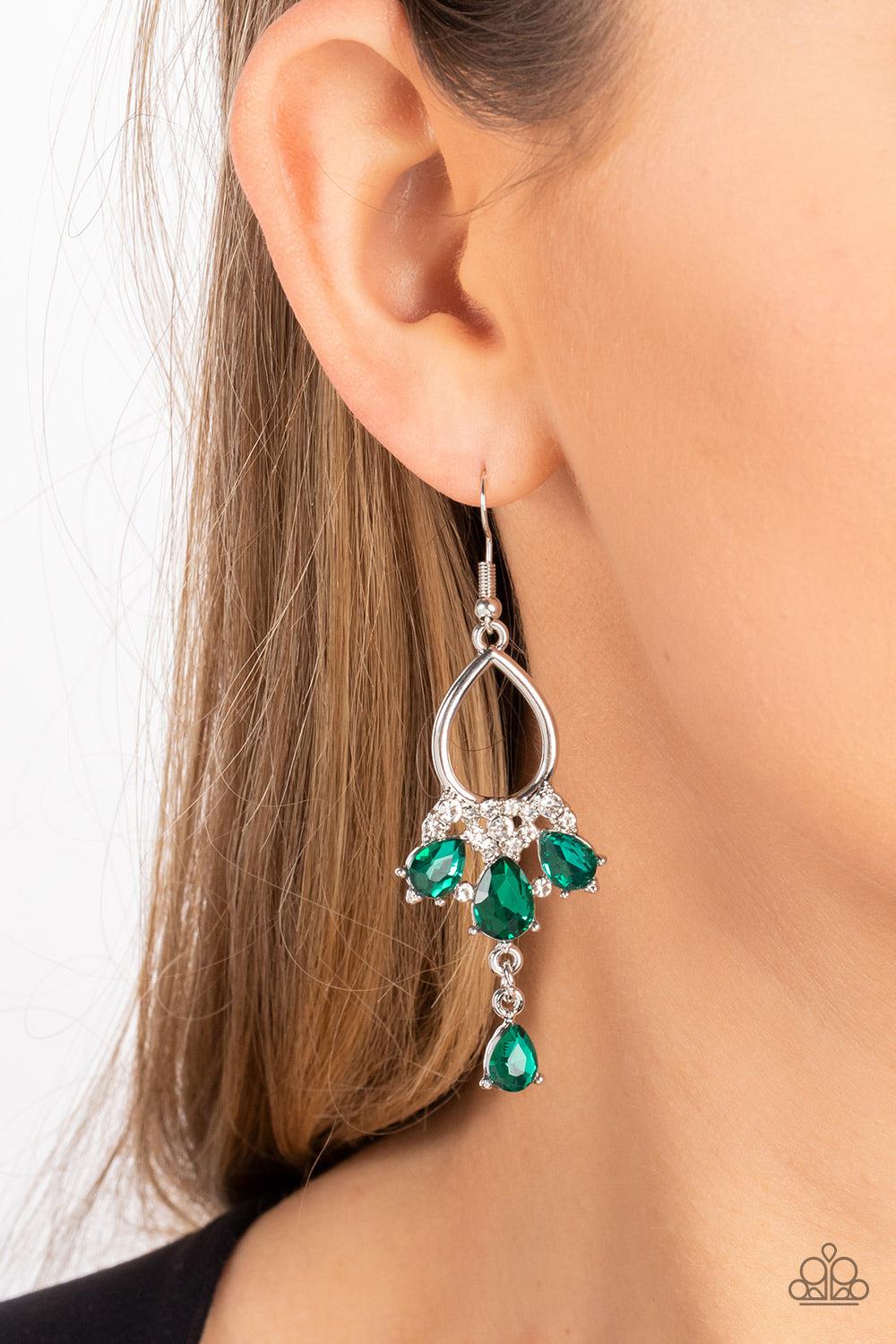 Coming in Clutch Green Rhinestone Earrings - Paparazzi Accessories- lightbox - CarasShop.com - $5 Jewelry by Cara Jewels
