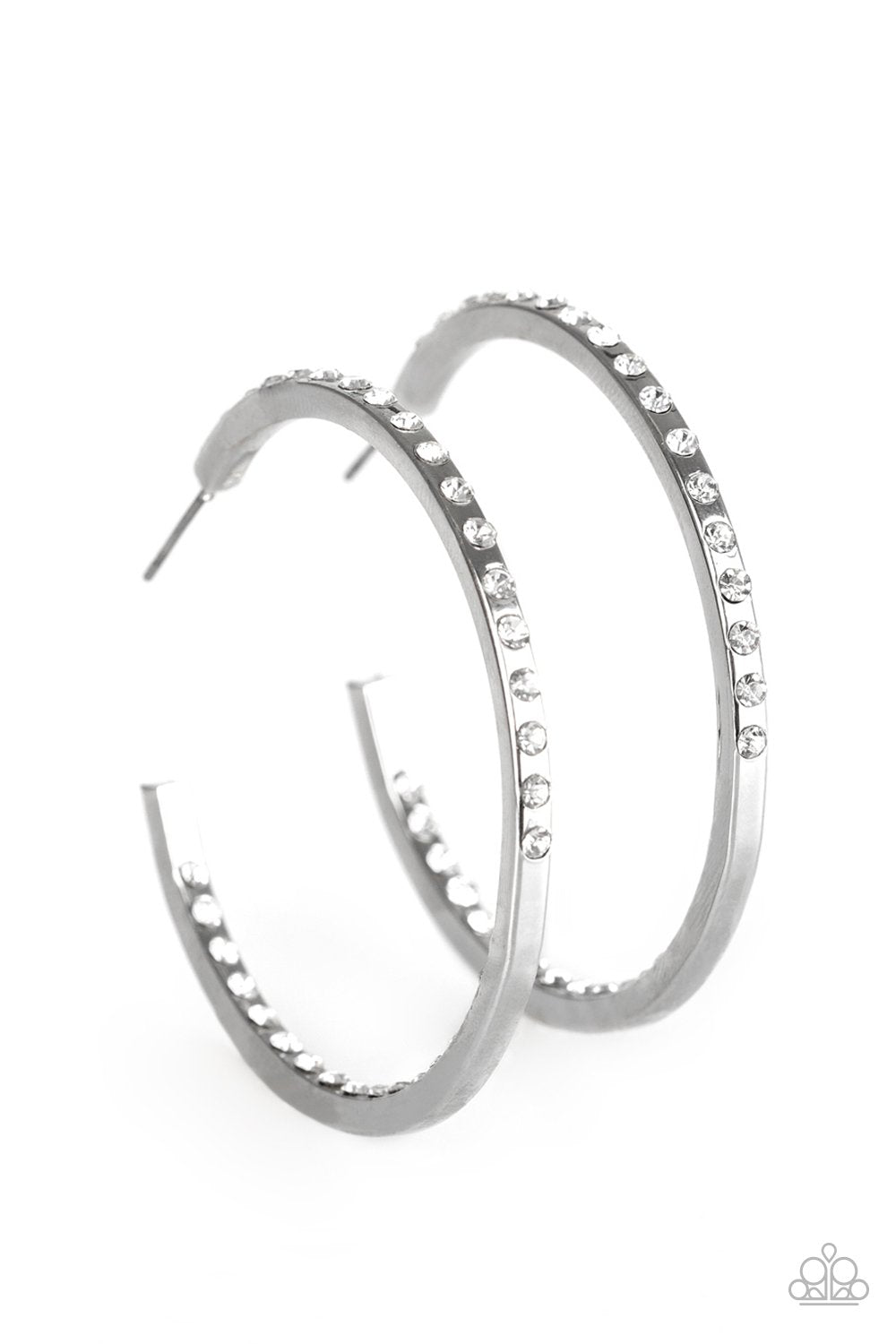 Coming Into Money Silver and White Rhinestone Hoop Earrings - Paparazzi Accessories-CarasShop.com - $5 Jewelry by Cara Jewels