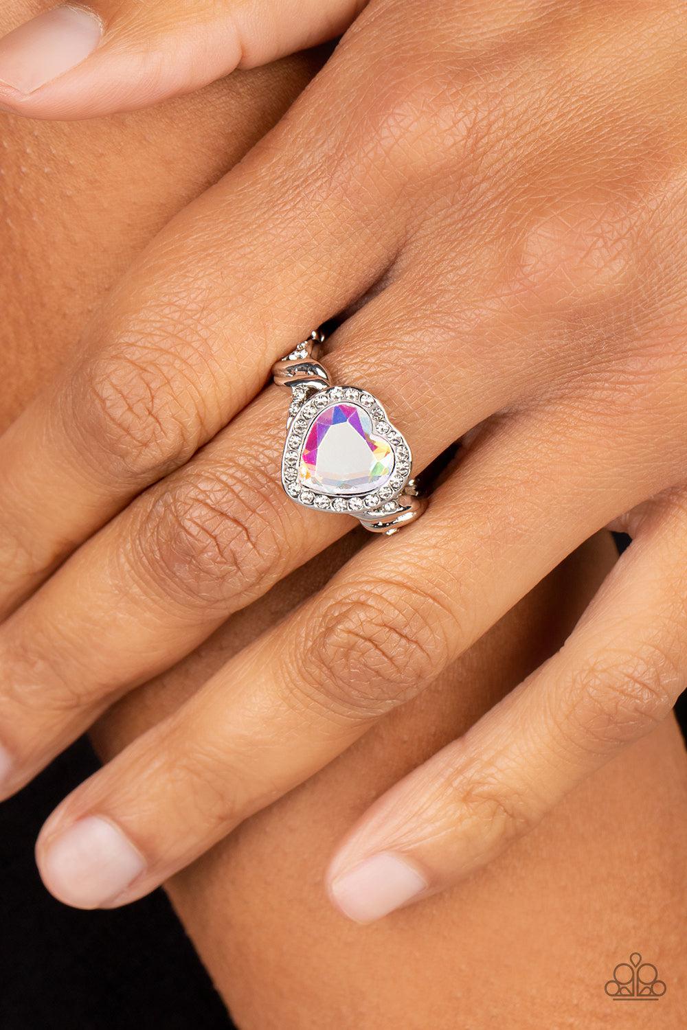 Committed to Cupid Multi Iridescent Rhinestone Heart Ring - Paparazzi Accessories-on model - CarasShop.com - $5 Jewelry by Cara Jewels