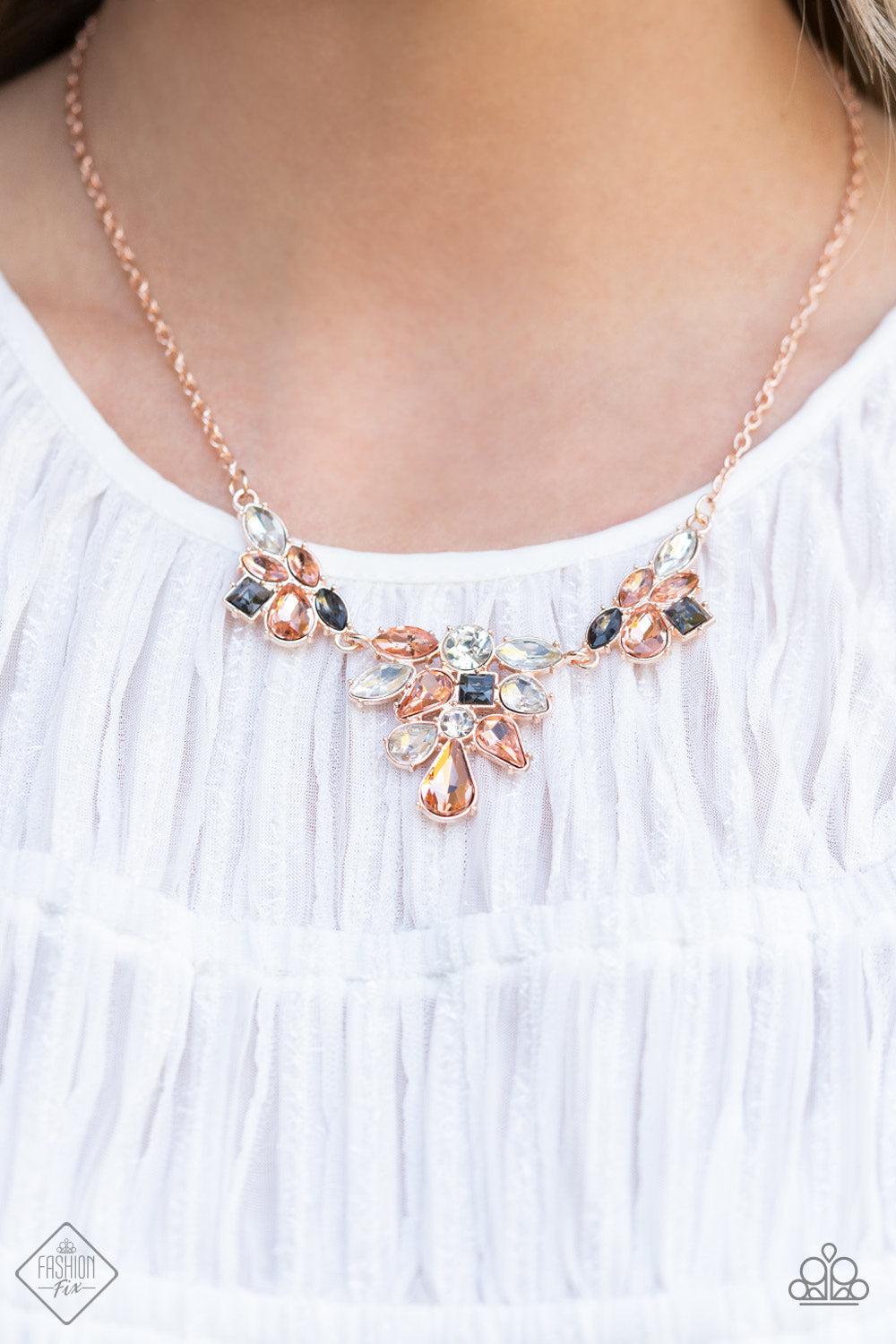 Completely Captivated Rose Gold &amp; Smoky Rhinestone Necklace - Paparazzi Accessories-on model - CarasShop.com - $5 Jewelry by Cara Jewels
